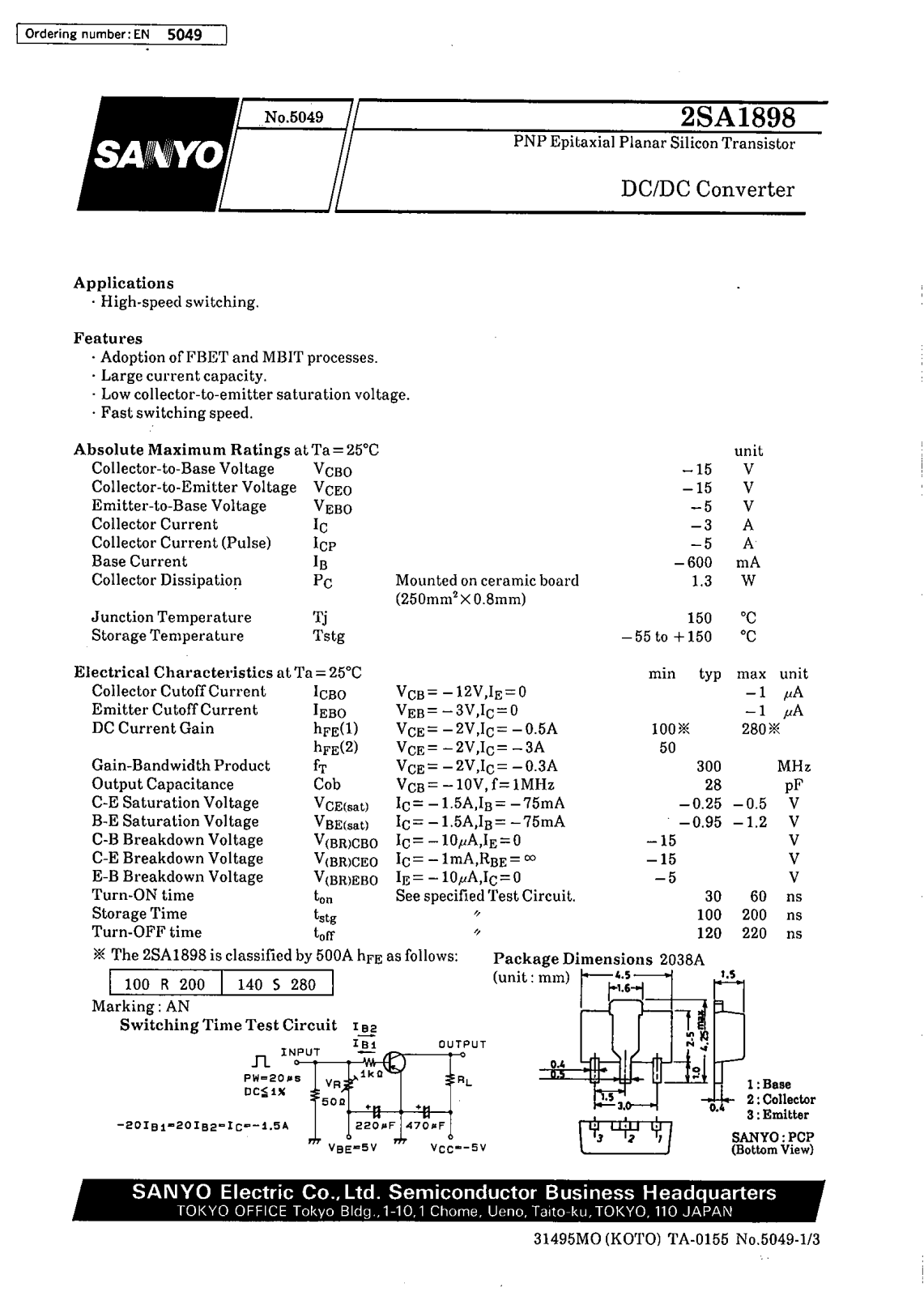 SANYO 2SA1898 Datasheet