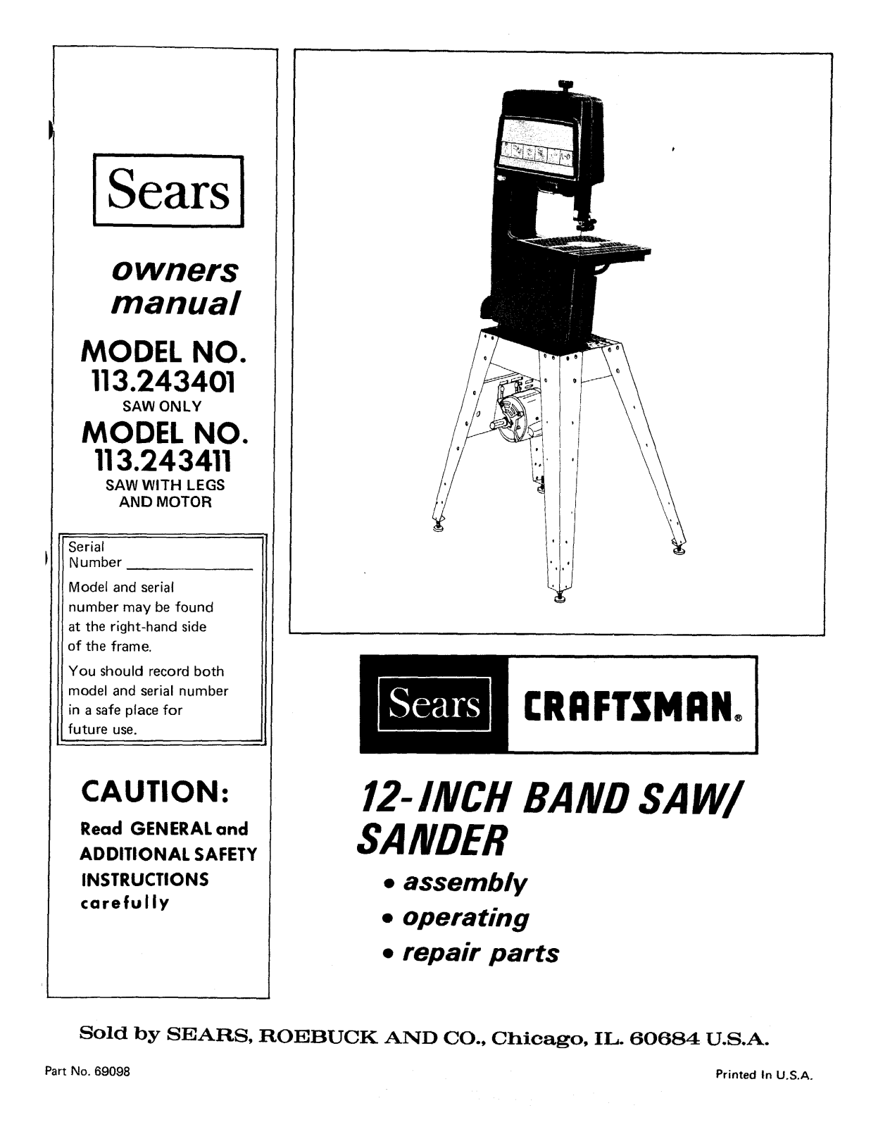Craftsman 113243411, 113243401 Owner’s Manual