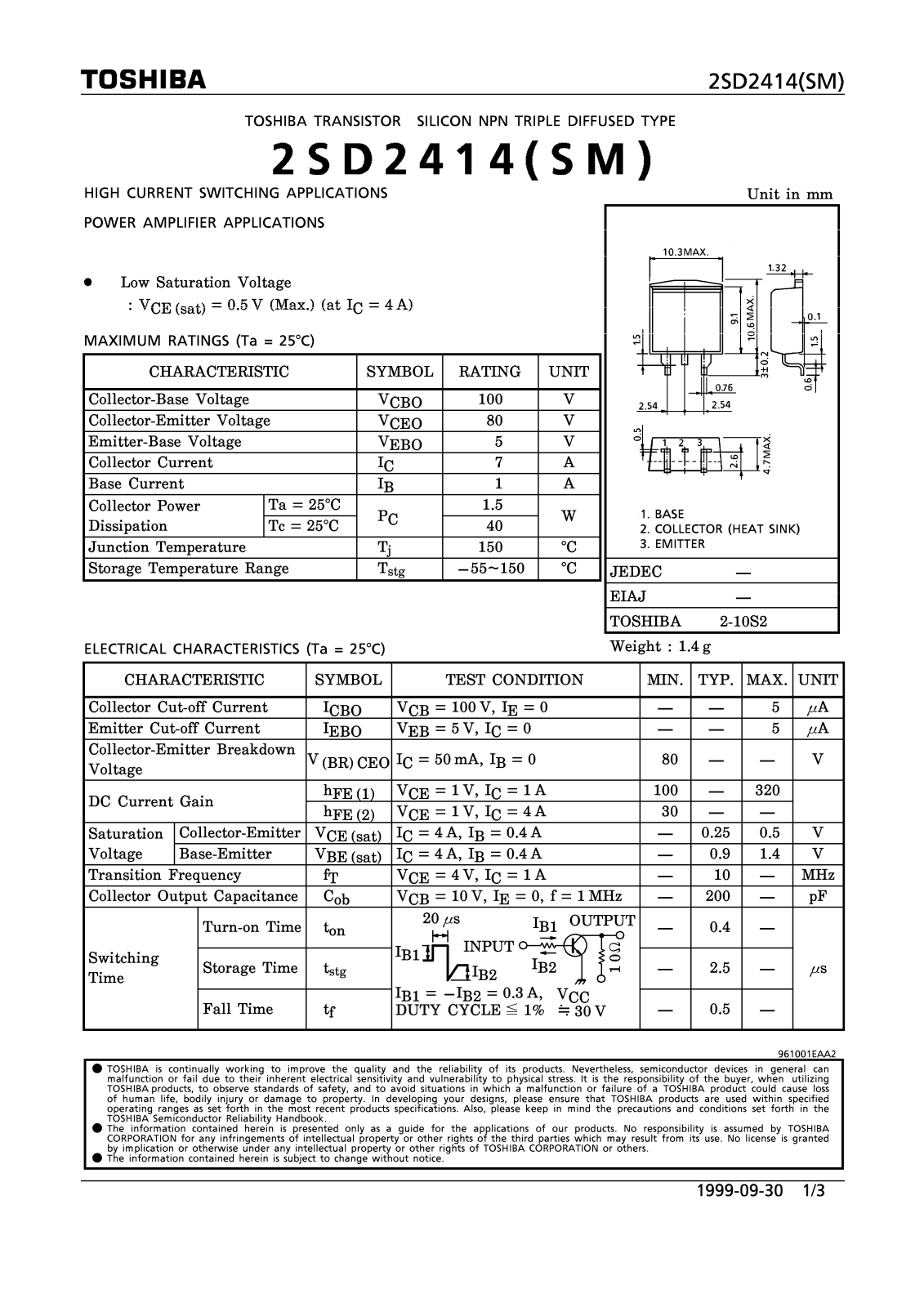 TOSHIBA 2SD2414SMA Technical data