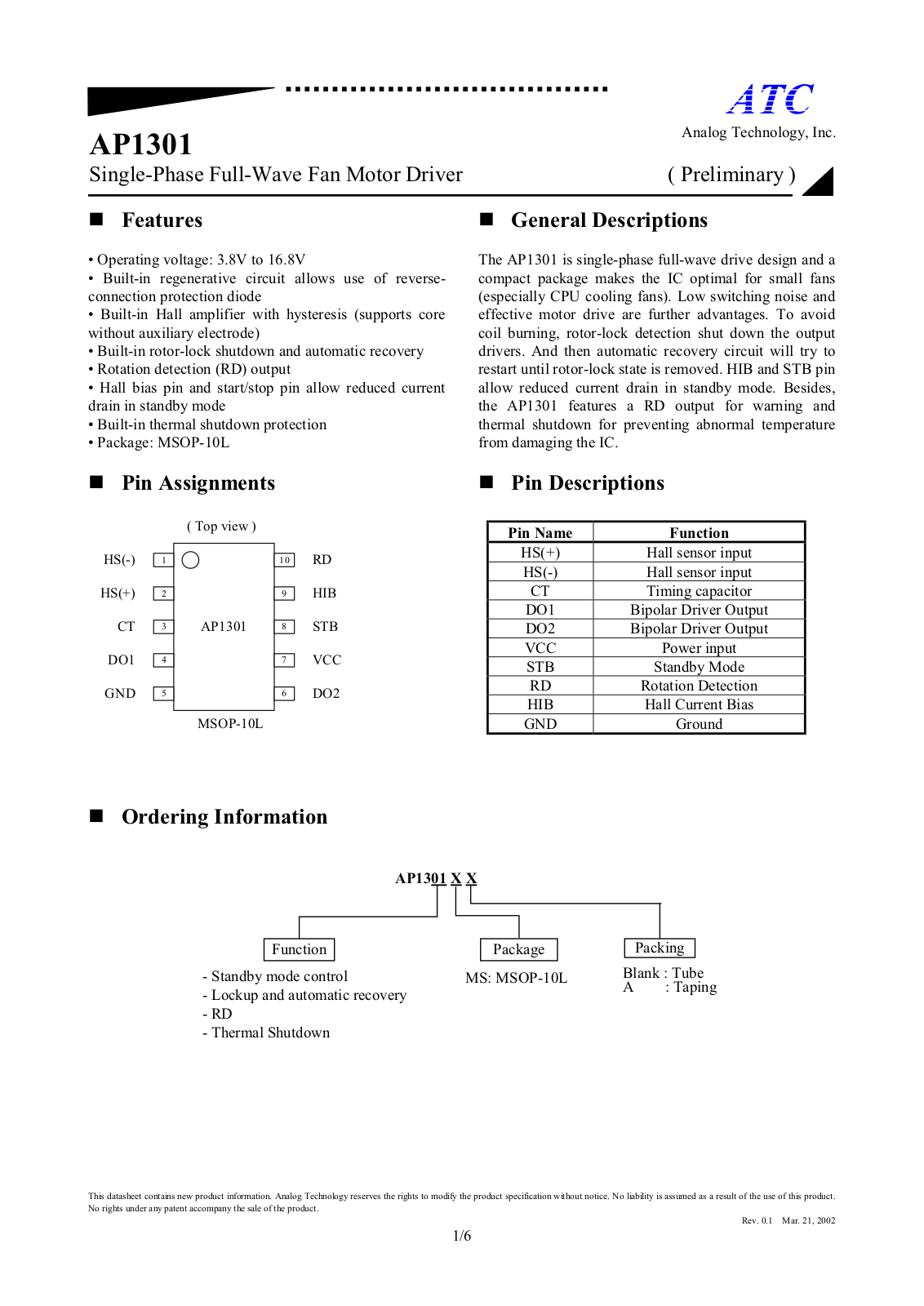 ATC AP1301MSA, AP1301MS Datasheet