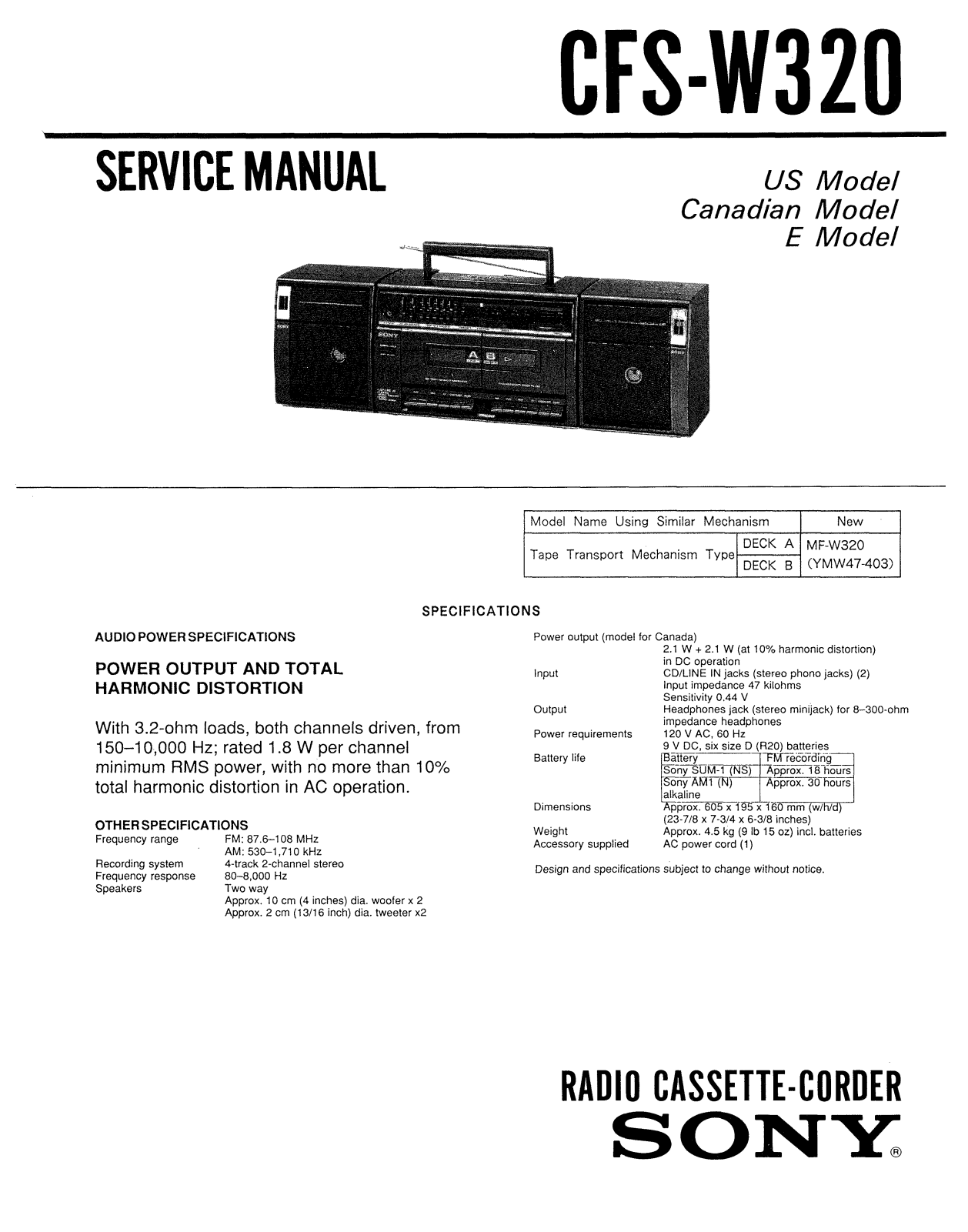 Sony CFSW-320 Service manual