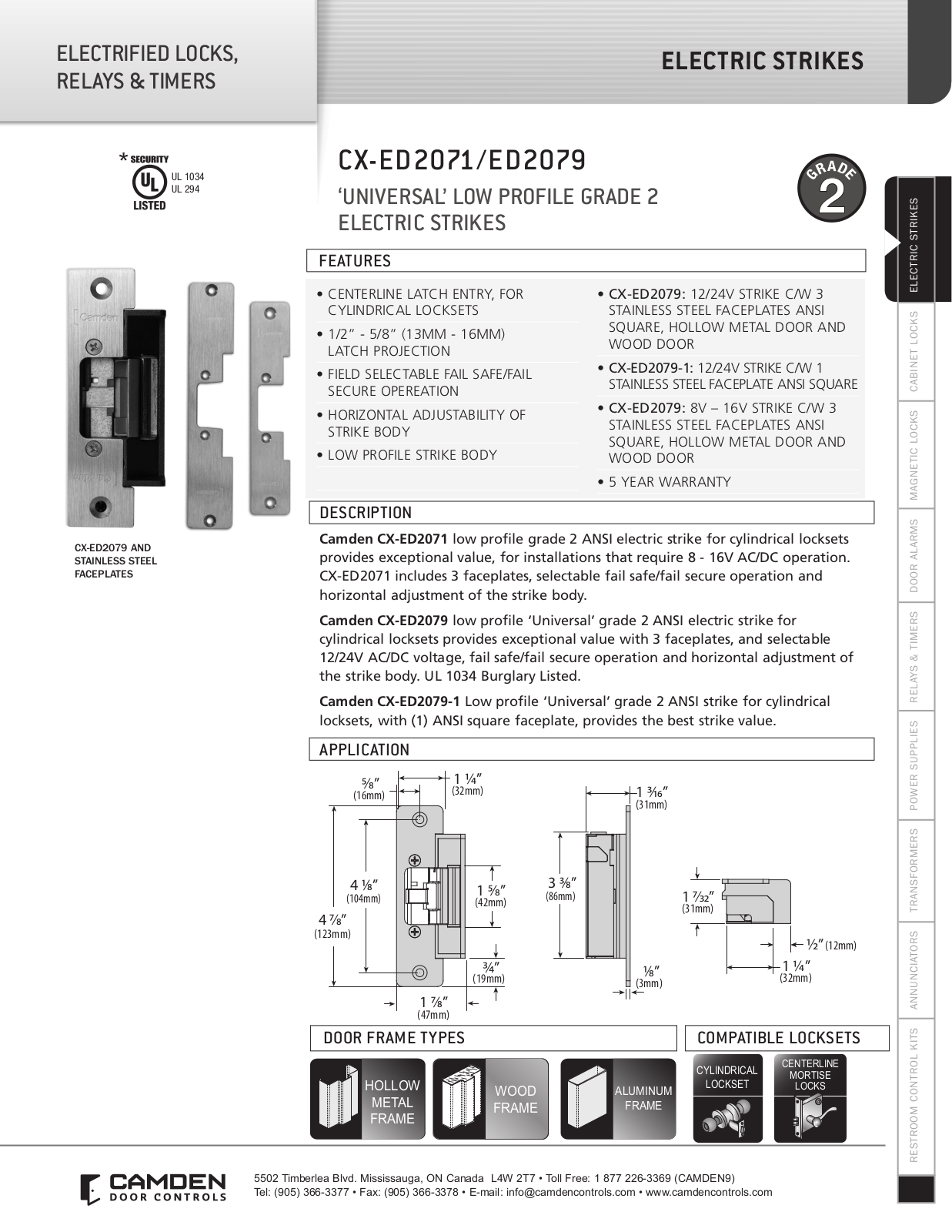 Camden Door Controls CX-ED2071, CX-ED2079-1, CX-ED2079 Specsheet