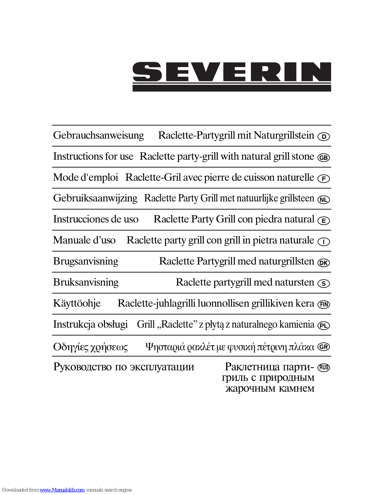 SEVERIN -PARTYGRILL MIT NATURGRILLSTEIN RG 2341, RG 2343, RG 2341, 2341 Instructions For Use Manual