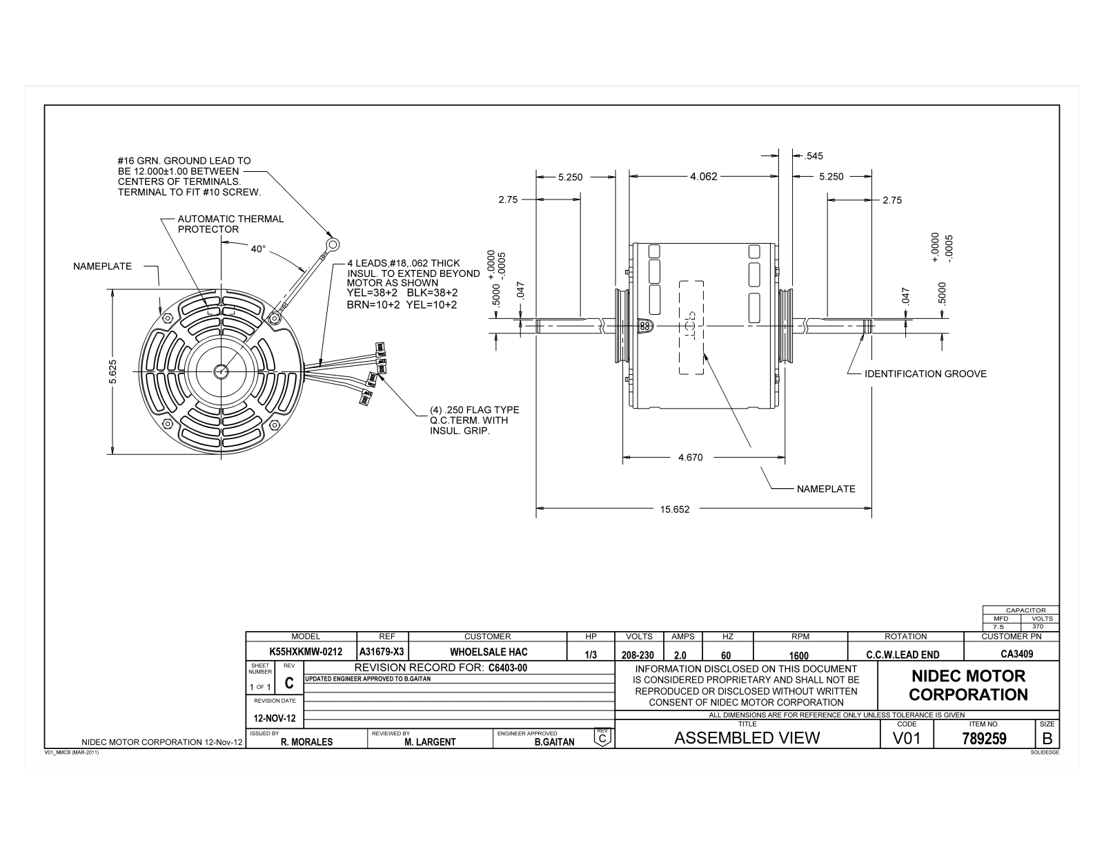 US Motors CA3409 Dimensional Sheet - ManualMachine.com