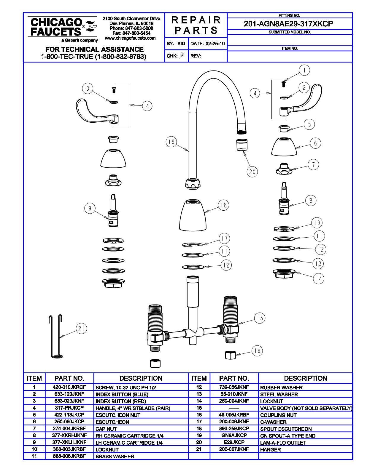 Chicago Faucet 201-AGN8AE29-317XKCP Parts List