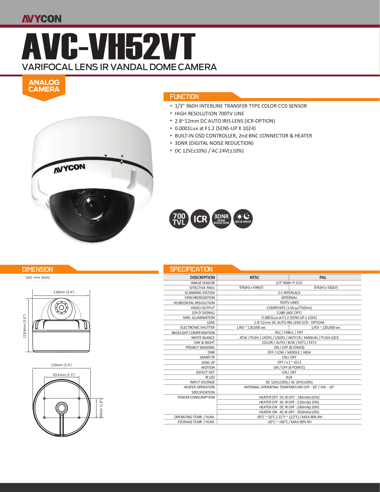 Avycon AVC-VH52VT Specsheet