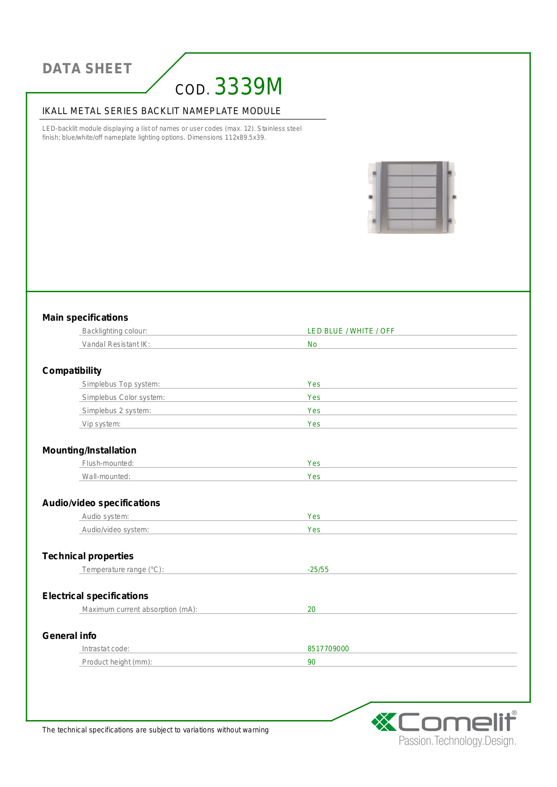 Comelit 3339M Specsheet - ManualMachine.com
