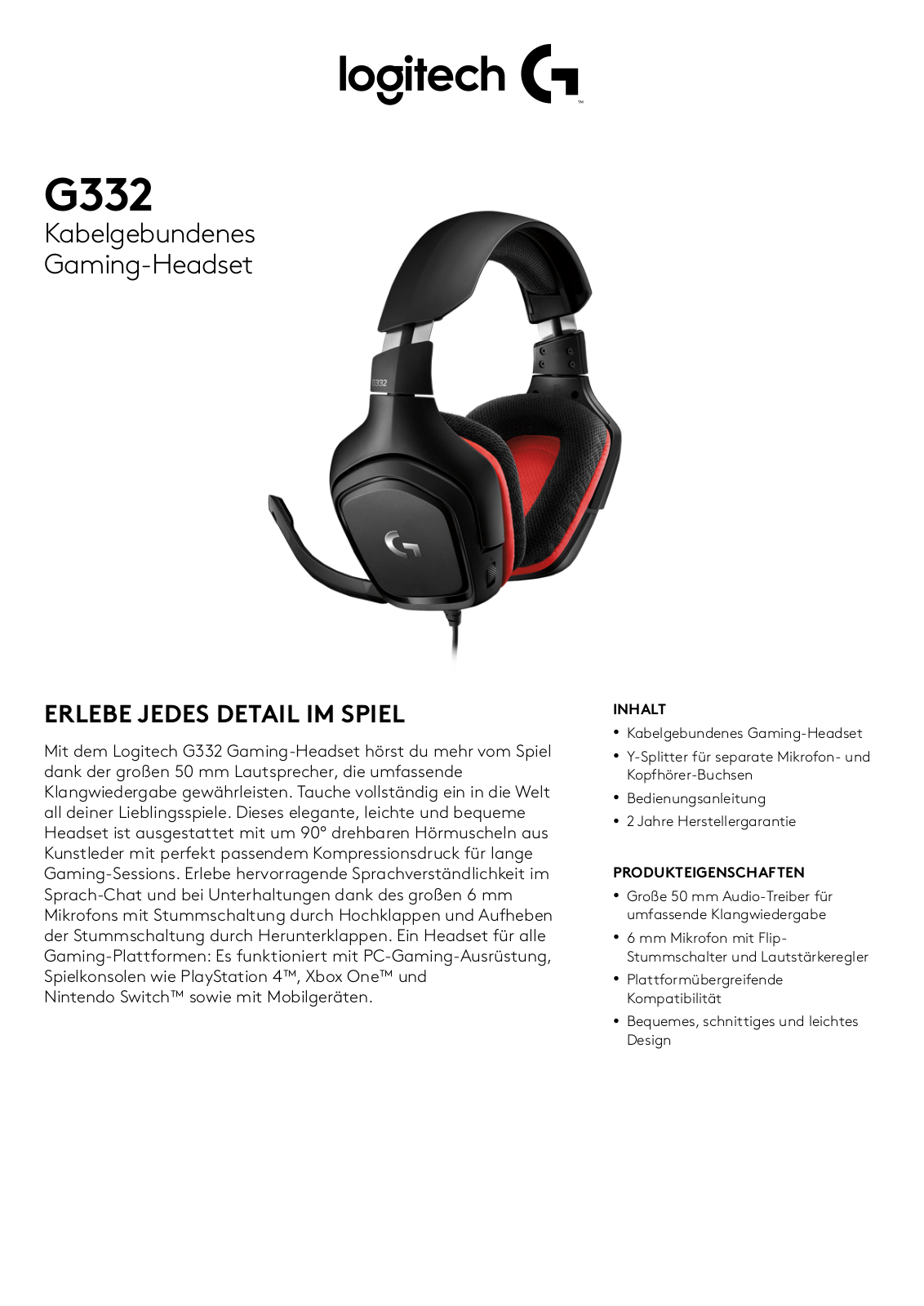 Logitech G332 Technical data