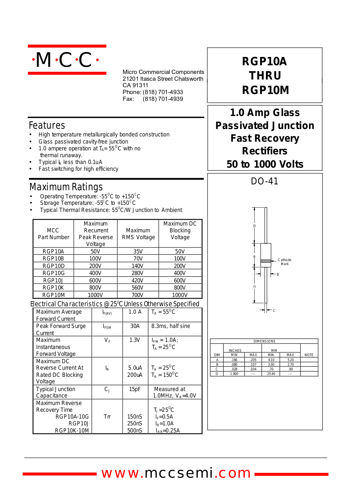 MCC RGP10J, RGP10K, RGP10A, RGP10G, RGP10B Datasheet