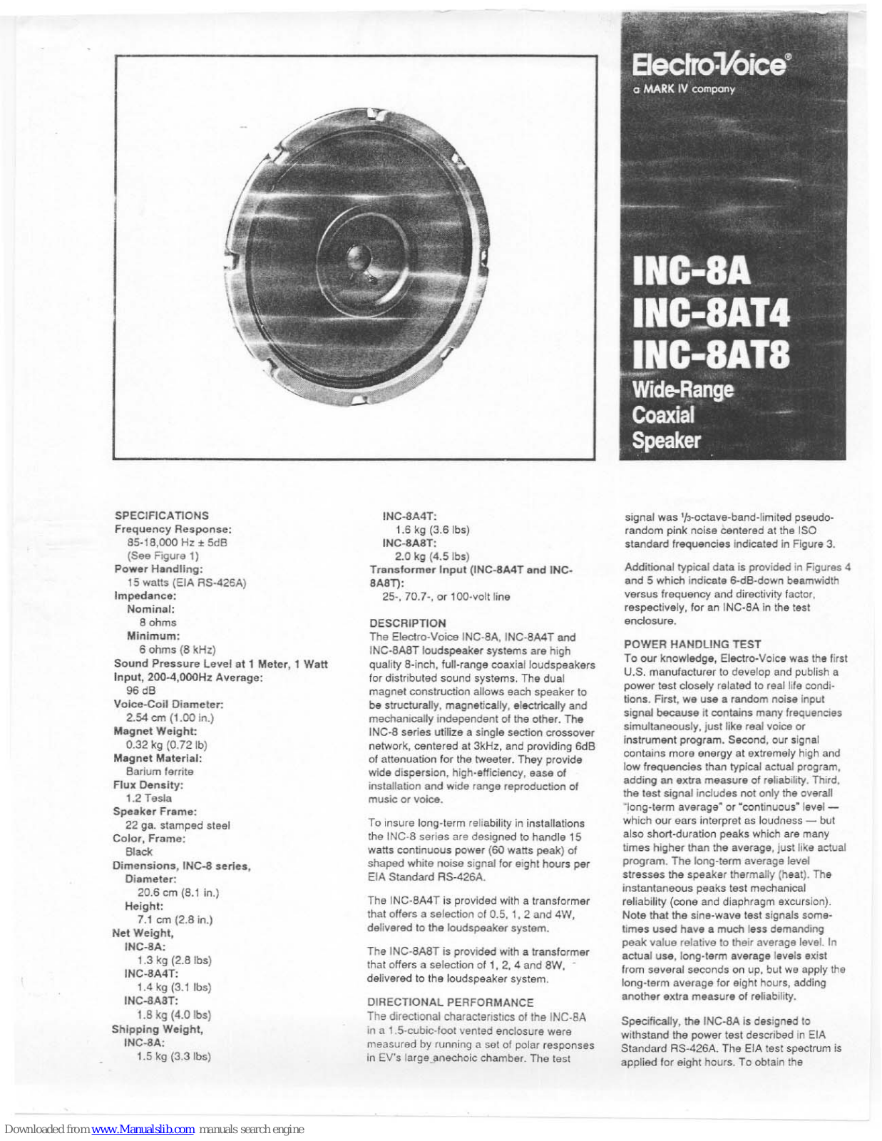 Electro-Voice INC-8a, INC-8AT8, INC-8AT4 Specifications