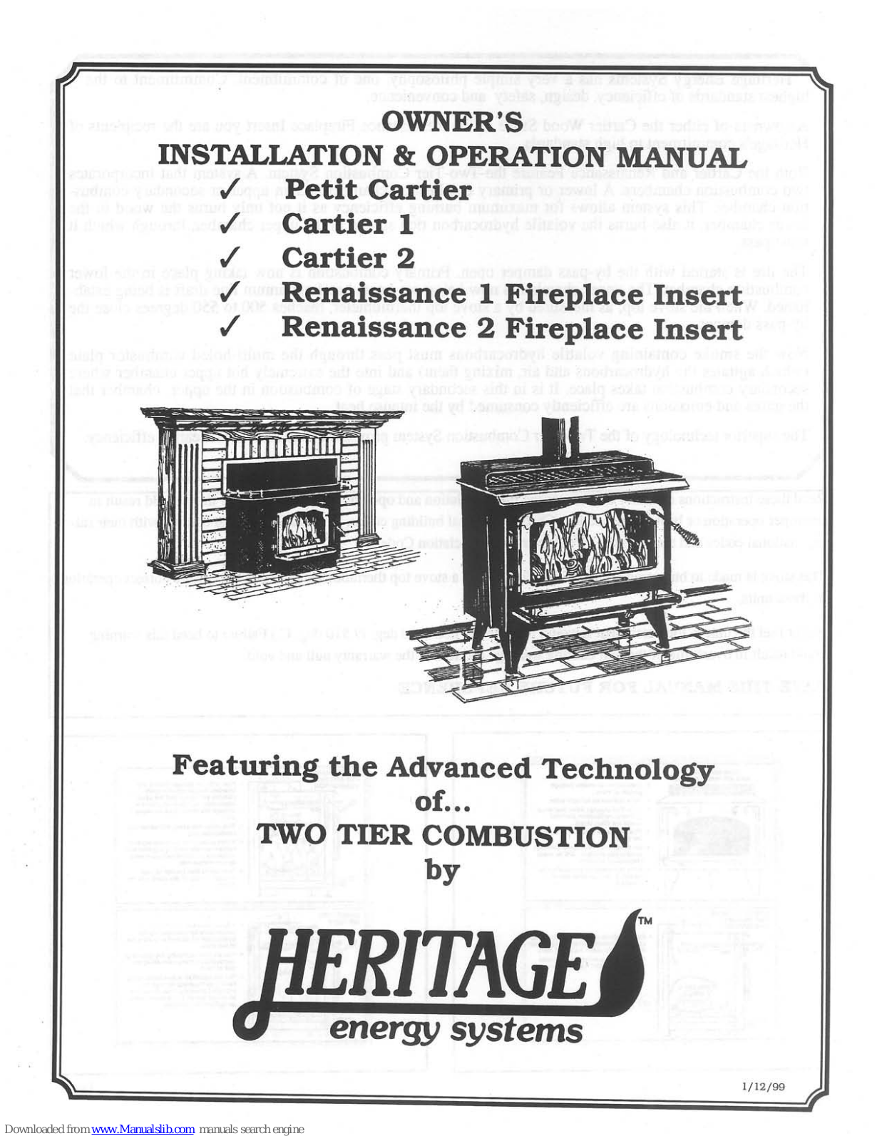 Heritage Petit Cartier, Renaissance 2 Fireplace Insert, Cartier 1, Cartier 2, Renaissance 1 Fireplace Insert Owner's Installation & Operating Manual