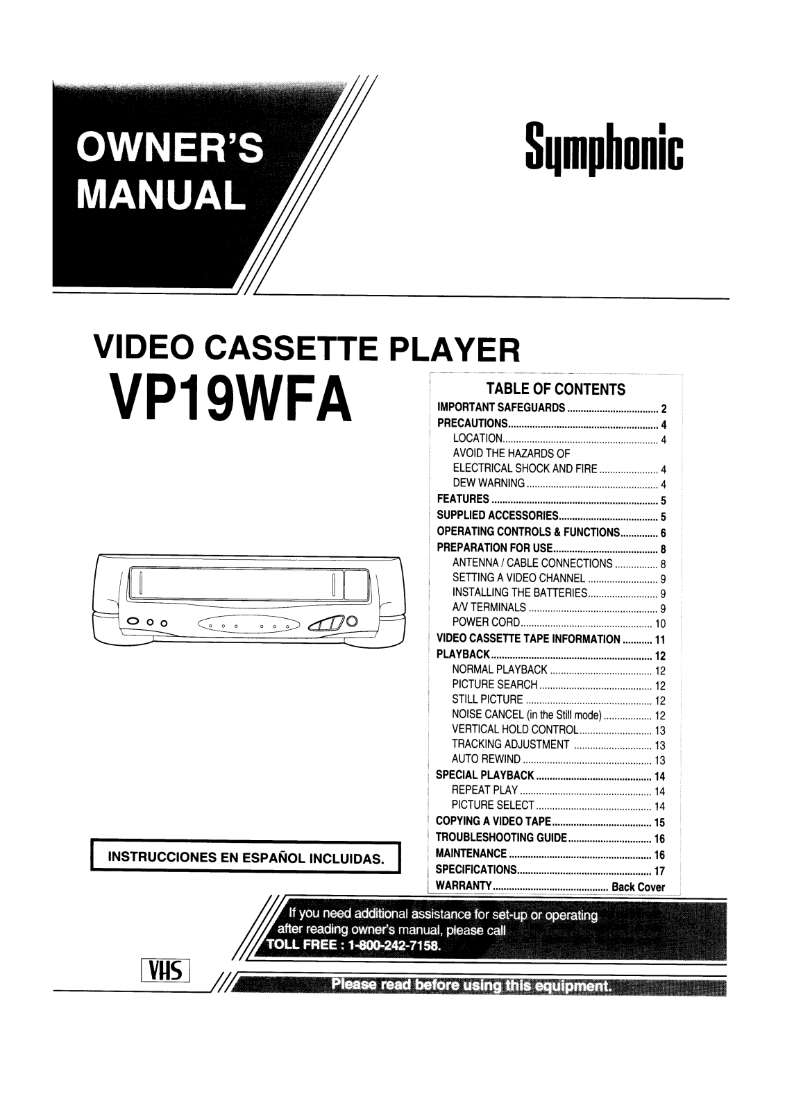 FUNAI VP19WFA, VP19WFA User Manual