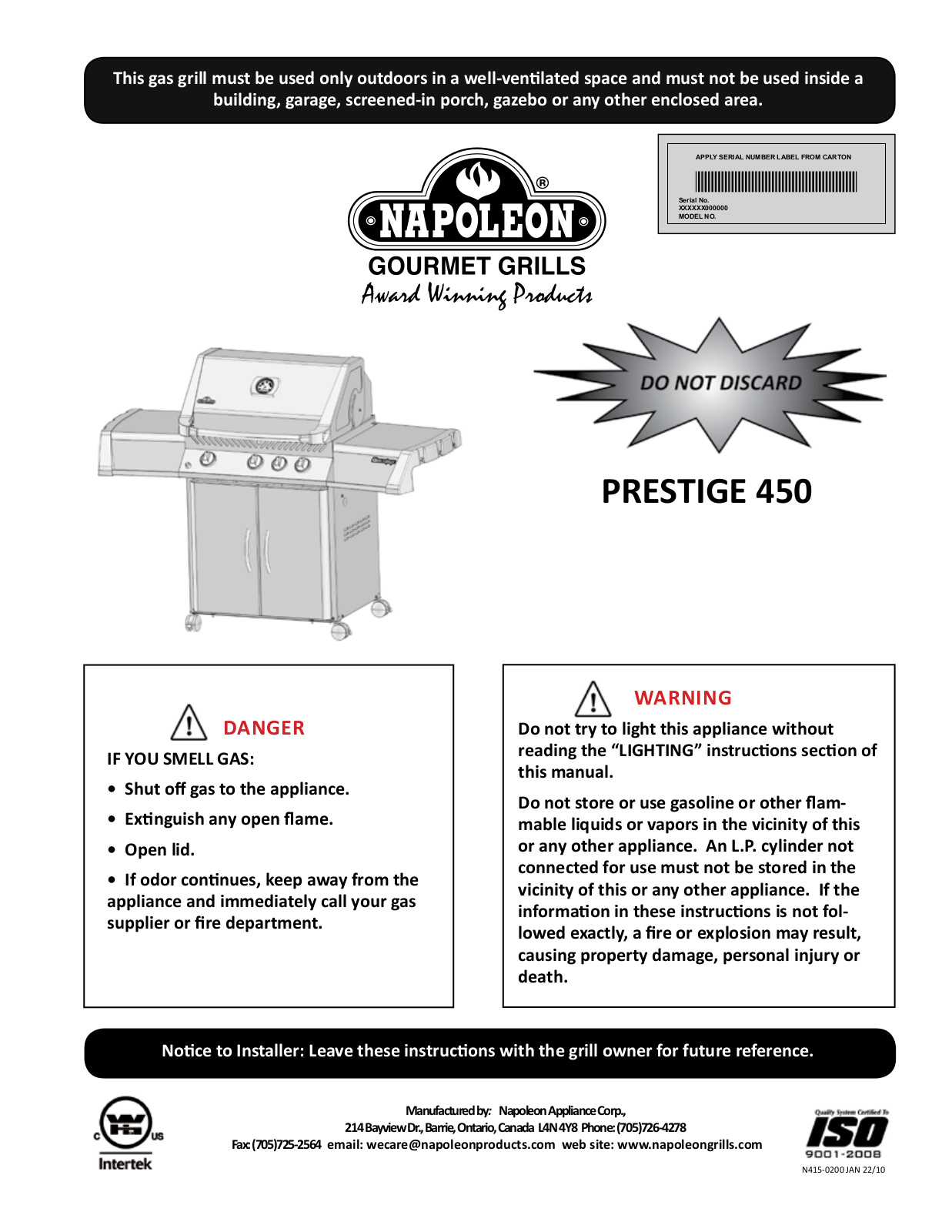 Napoleon P450rb Owner's Manual