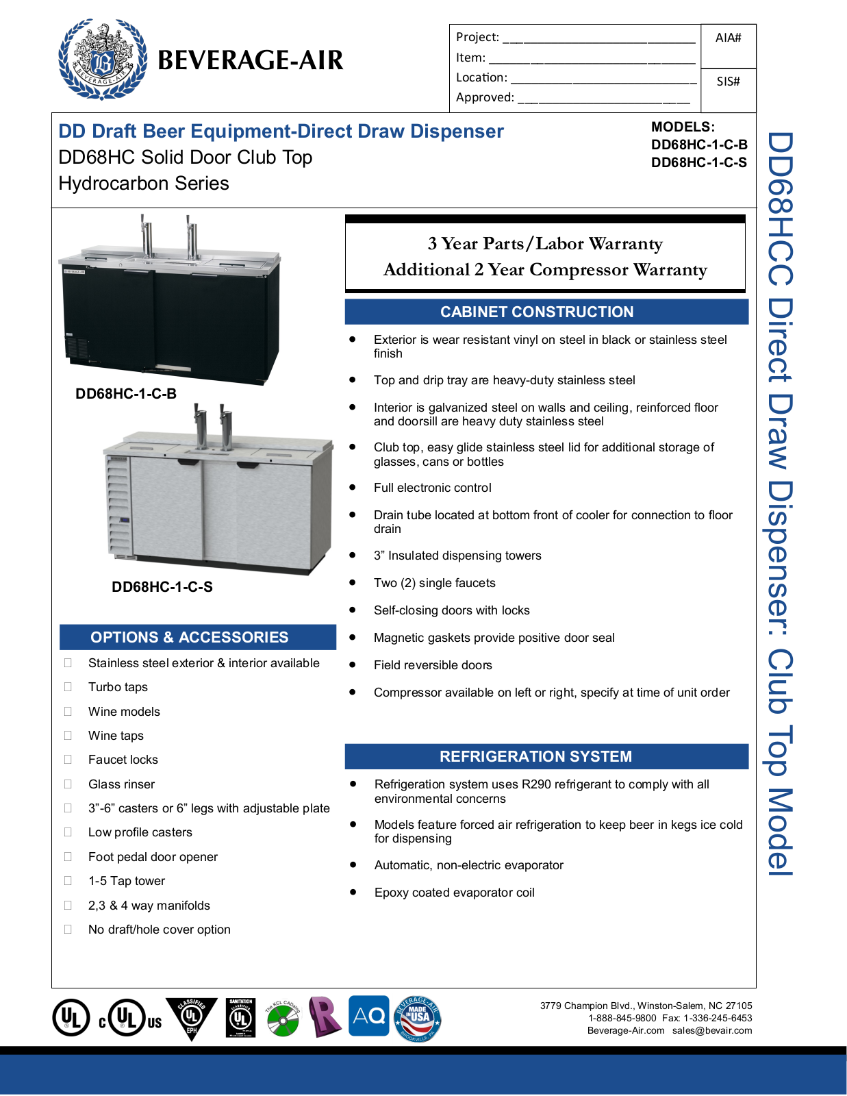 Beverage-Air DD68HC1CB, DD68HC1CS Specifications