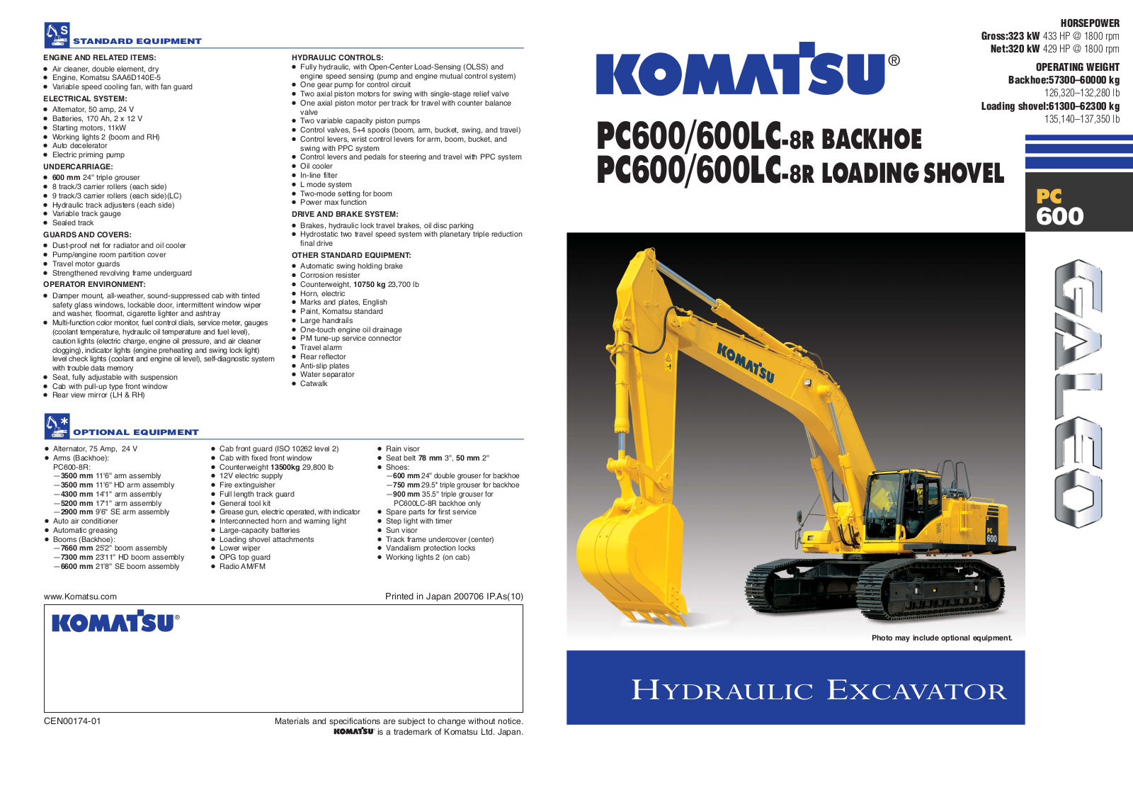 komatsu PC600LC-8R SPECIFICATIONS