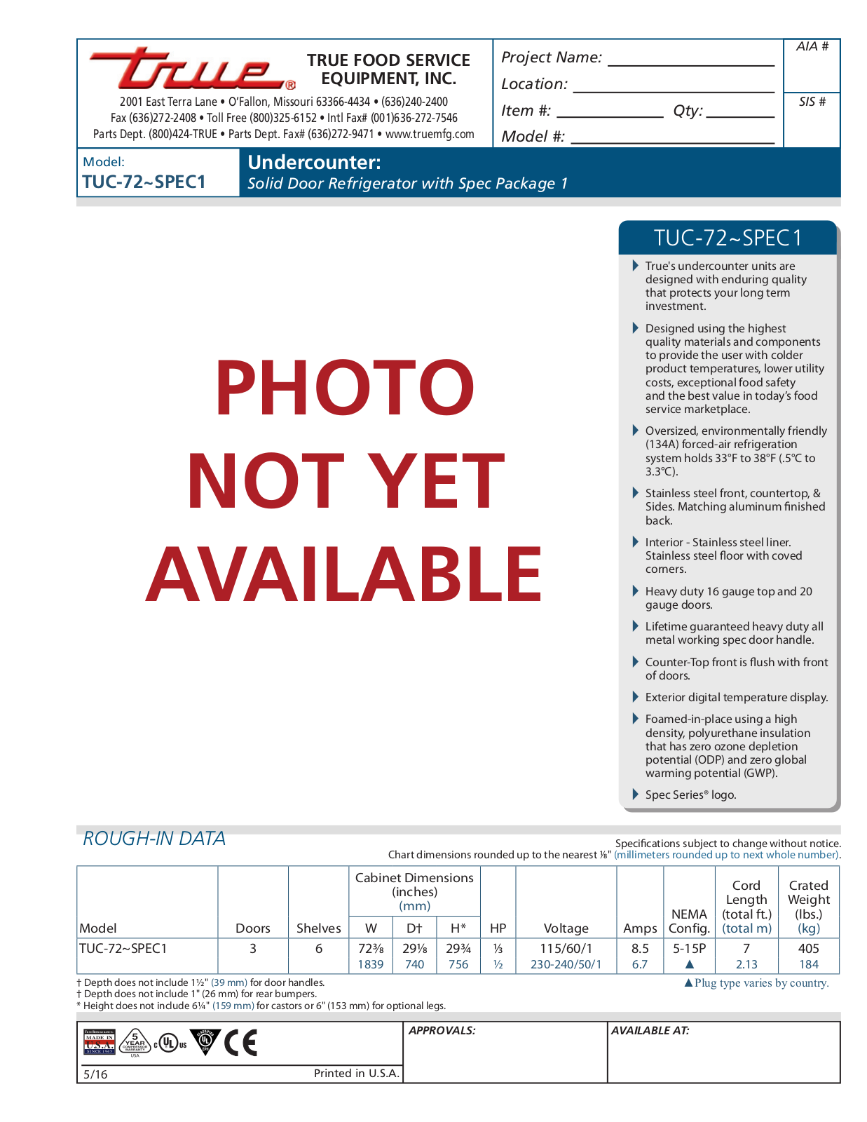 True Refrigeration TUC-72 User Manual