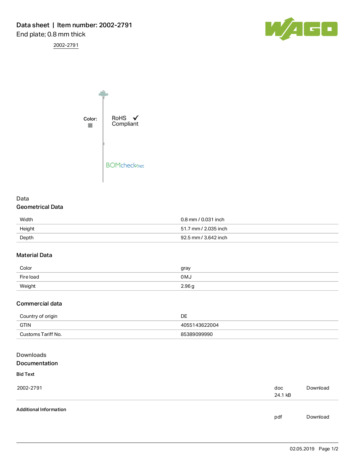 Wago 2002-2791 Data Sheet