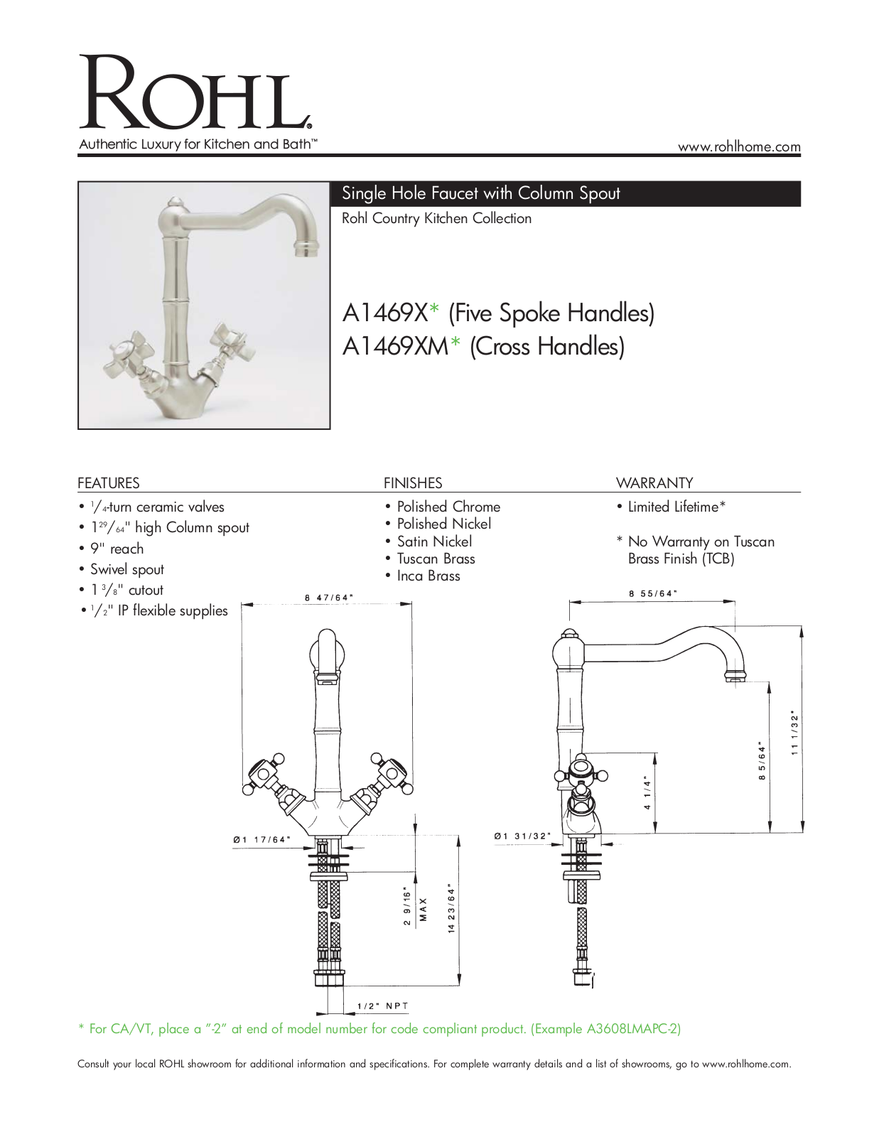 Rohl A1469XMAPC2 Specs