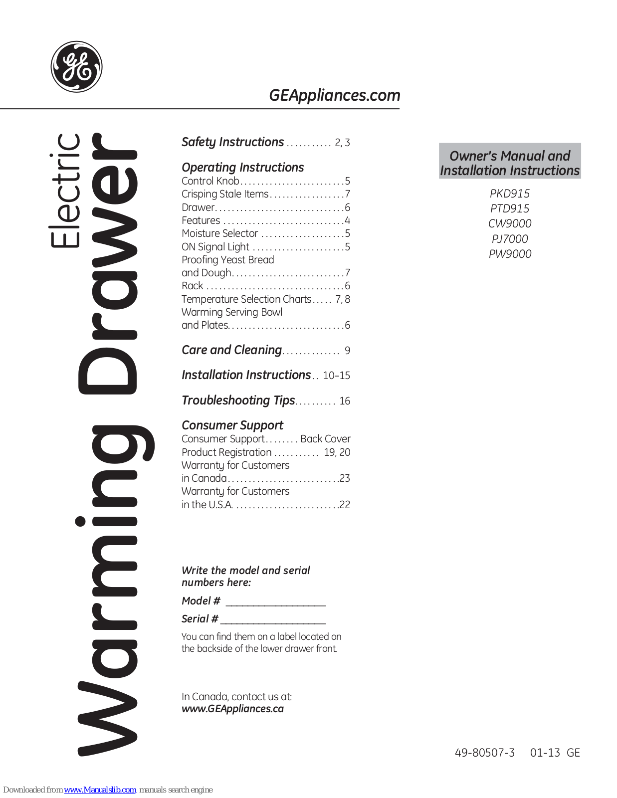 GE CW9000SDSS, PJ7000SFSS, PW9000DFBB, PW9000SFSS, PKD915 Use And Care Manual