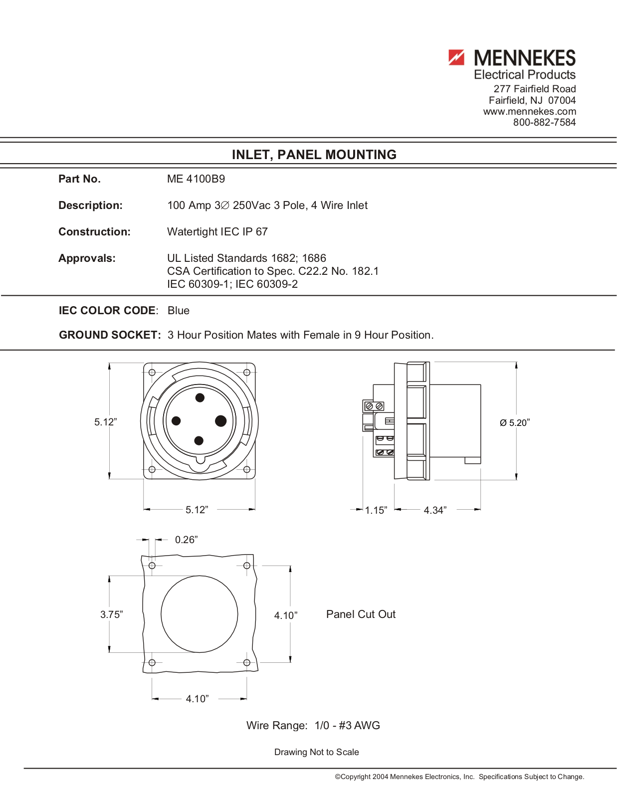 Mennekes Electrical Products ME4100B9 Data Sheet - ManualMachine.com