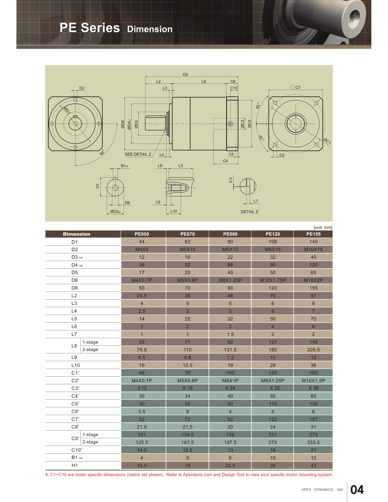 Apex Dynamics PE Series Dimensional Sheet