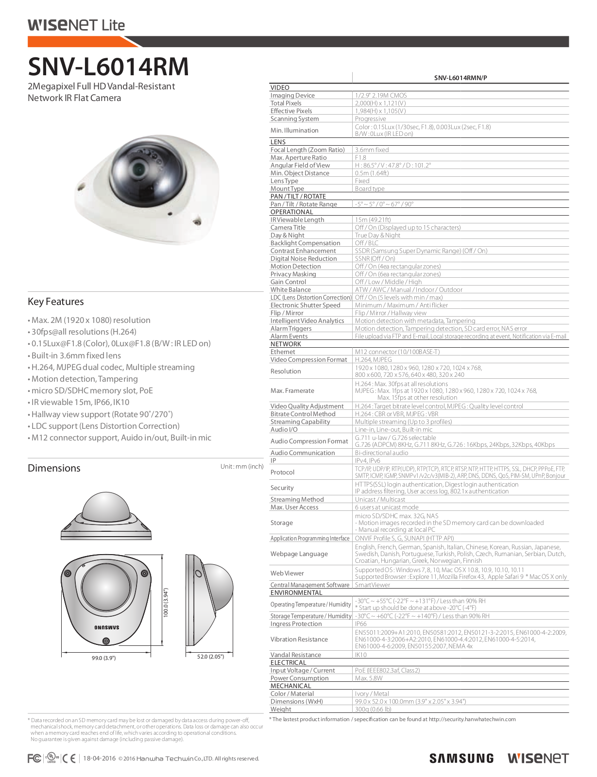 Samsung SNV-L6014RM Specsheet