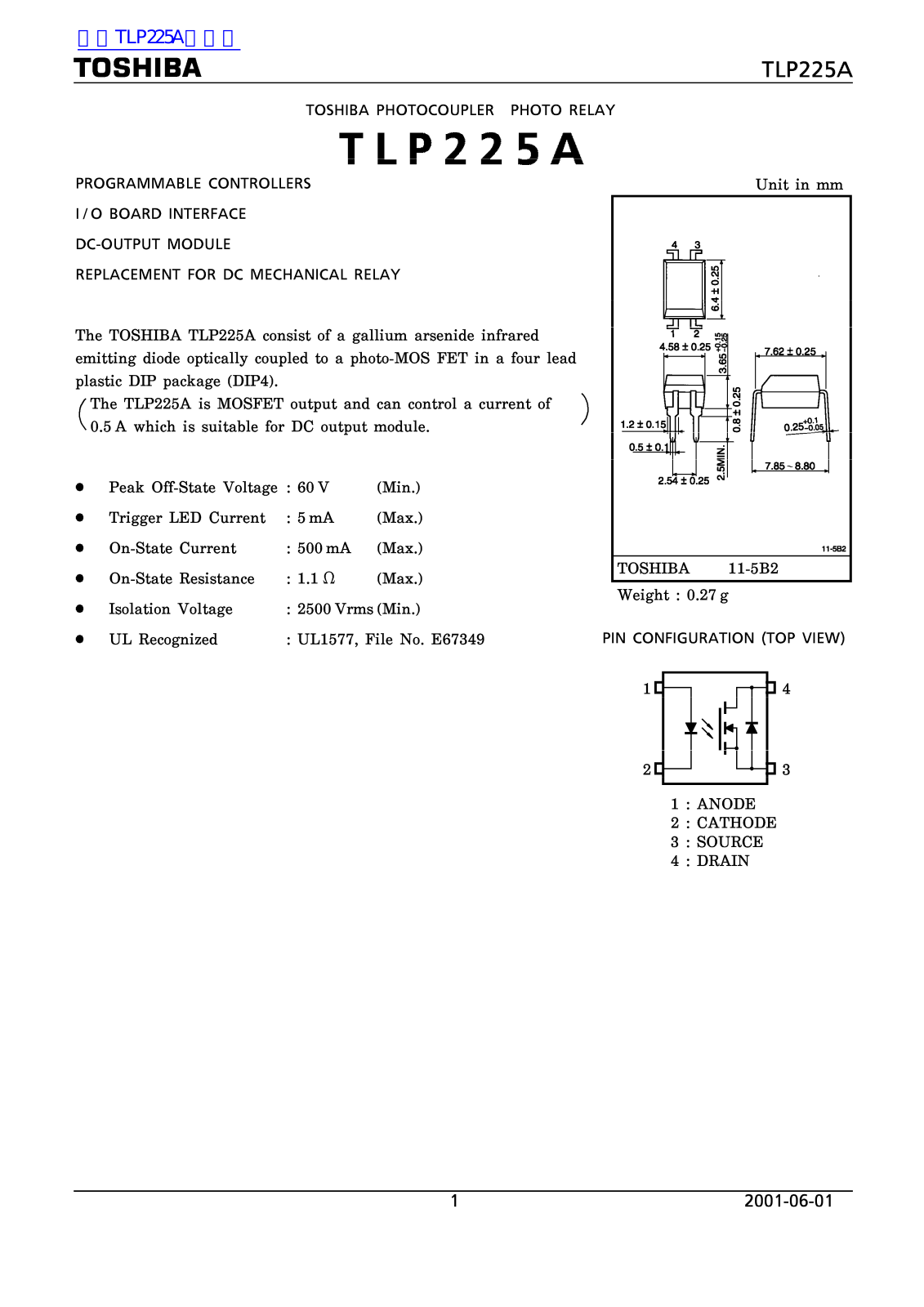 TOSHIBA TLP225A Technical data