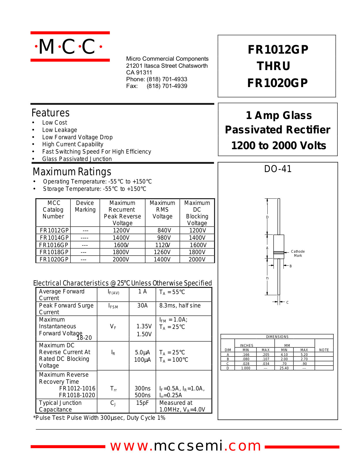 MCC FR1020GP, FR1018GP, FR1016GP, FR1014GP, FR1012GP Datasheet