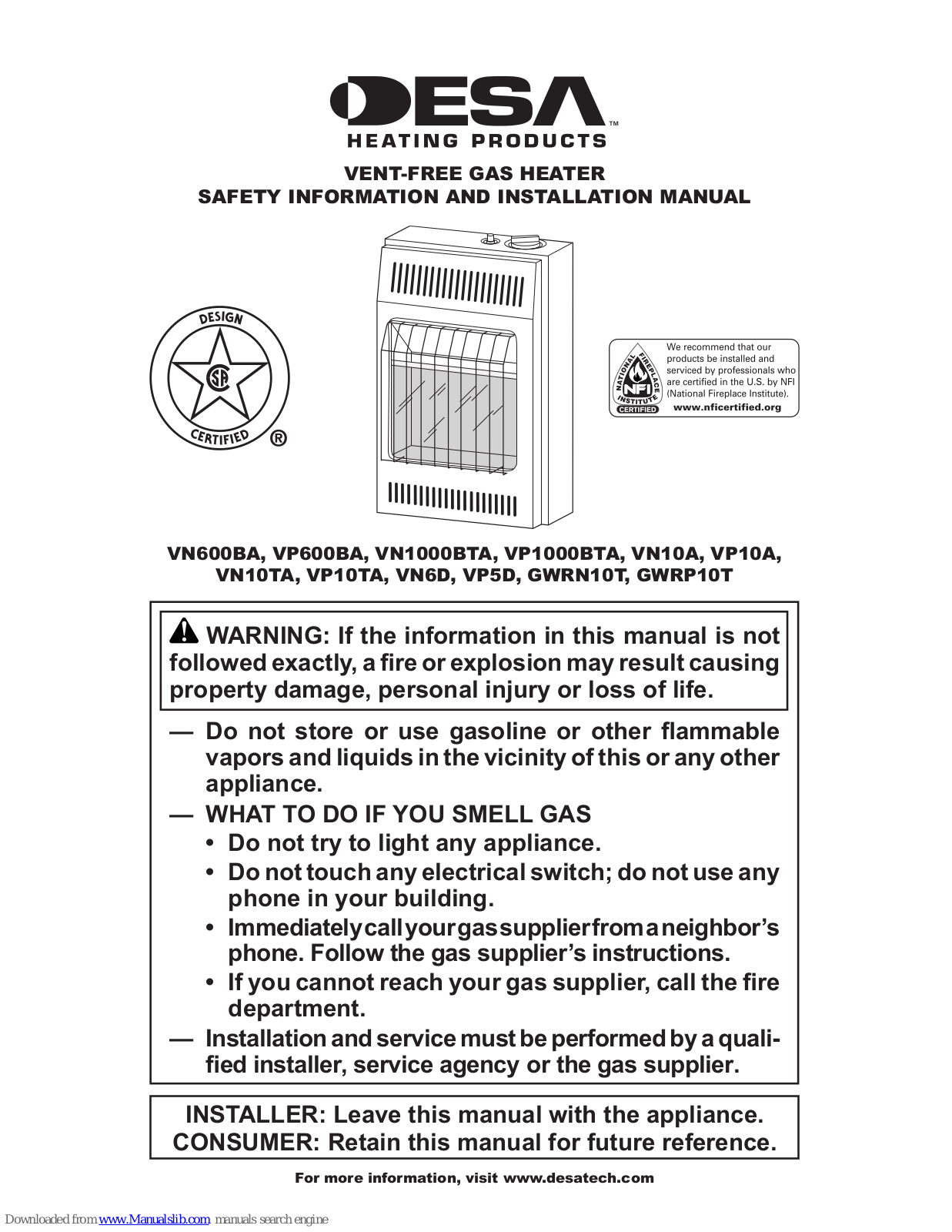 Desa VN600BA, VP600BA, VN10A, VP10A, VN10TA Safety Information And Installation Manual