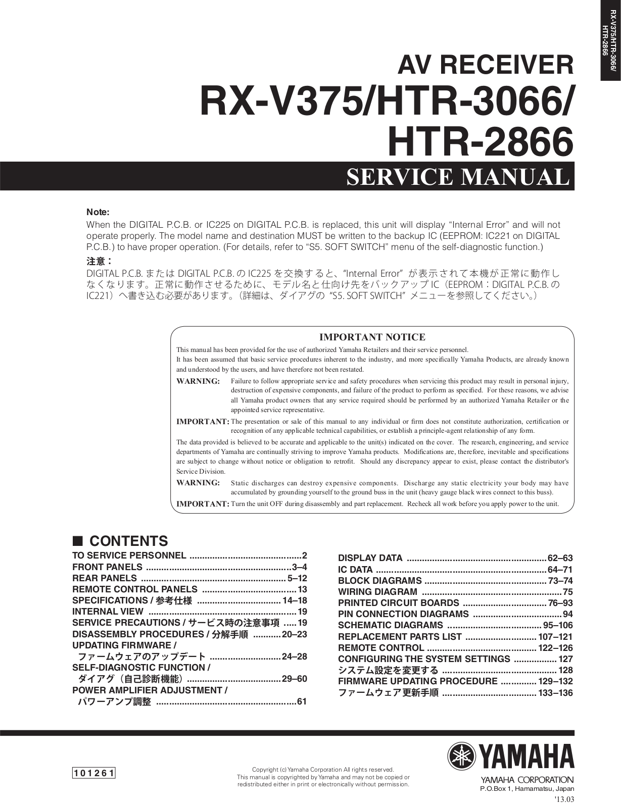 Yamaha RX-V375, HTR-3066, HTR-2866 Service Manual