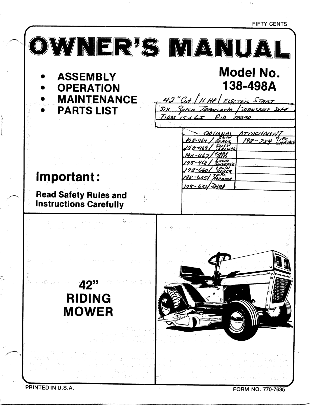 Mtd 138-498a owners Manual