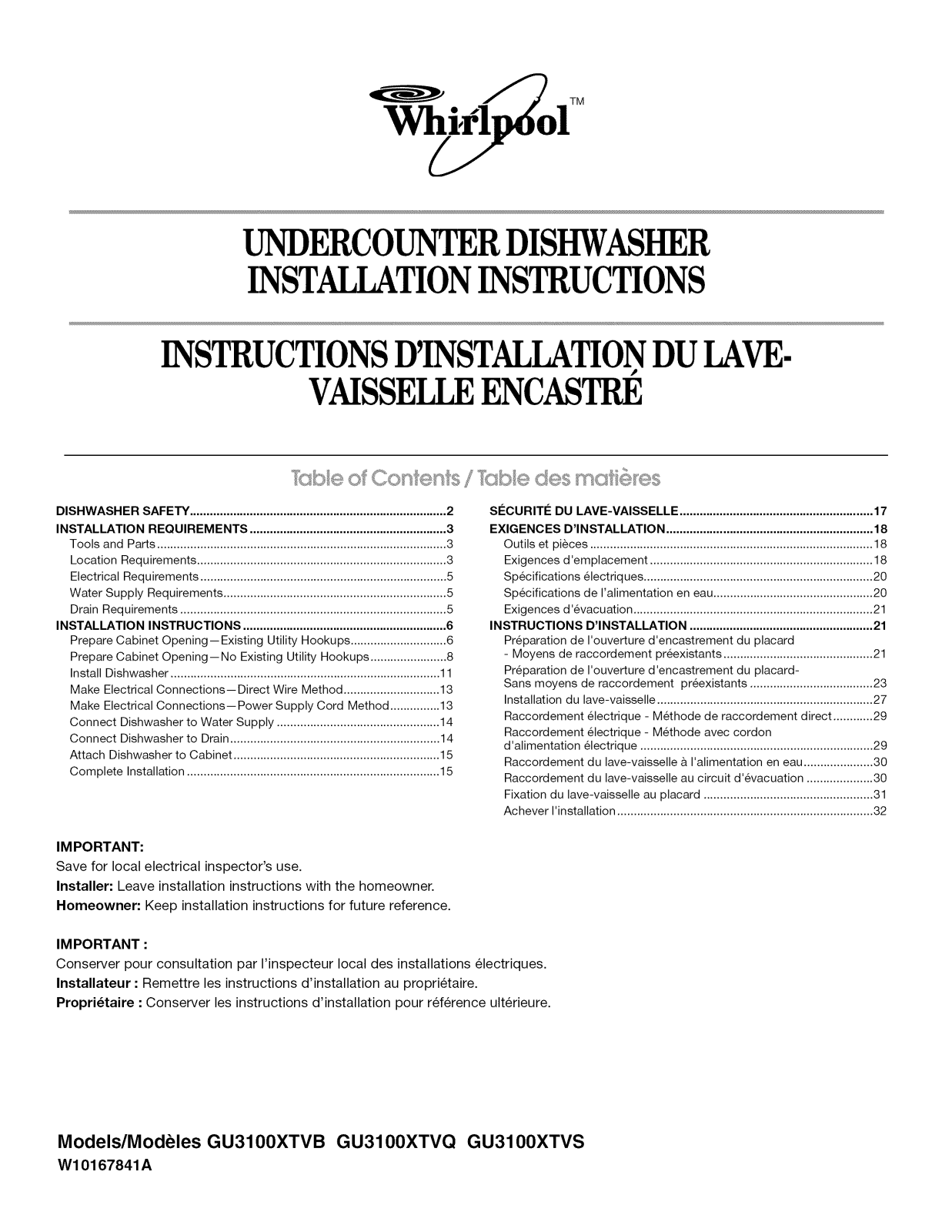 Whirlpool GU3100XTVB0, GU3100XTVQ0, GU3100XTVS0 Installation Guide - ManualMachine.com