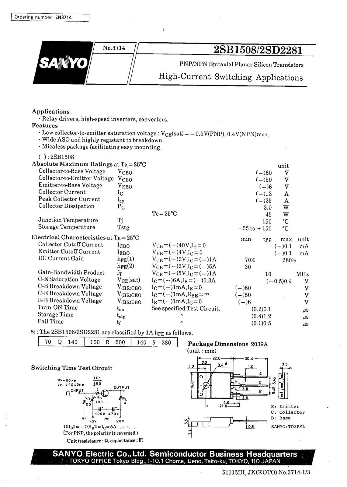 SANYO 2SD2281, 2SB1508 Datasheet