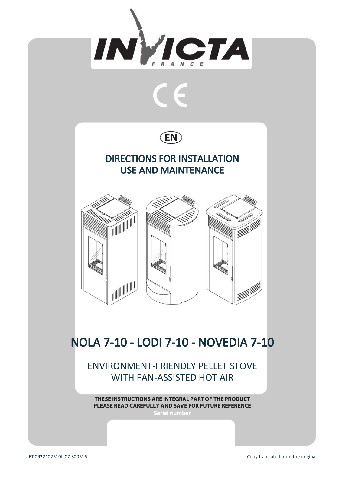 Invicta NOLA 7, NOLA 10, LODI 10, NOVEDIA 7, NOVEDIA 10 Directions For Installation, Use And Maintenance