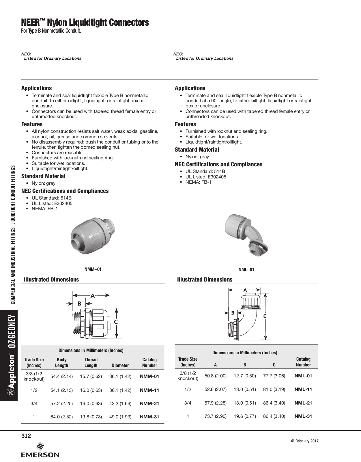 Appleton NEER™ Nylon Liquidtight Connectors Catalog Page