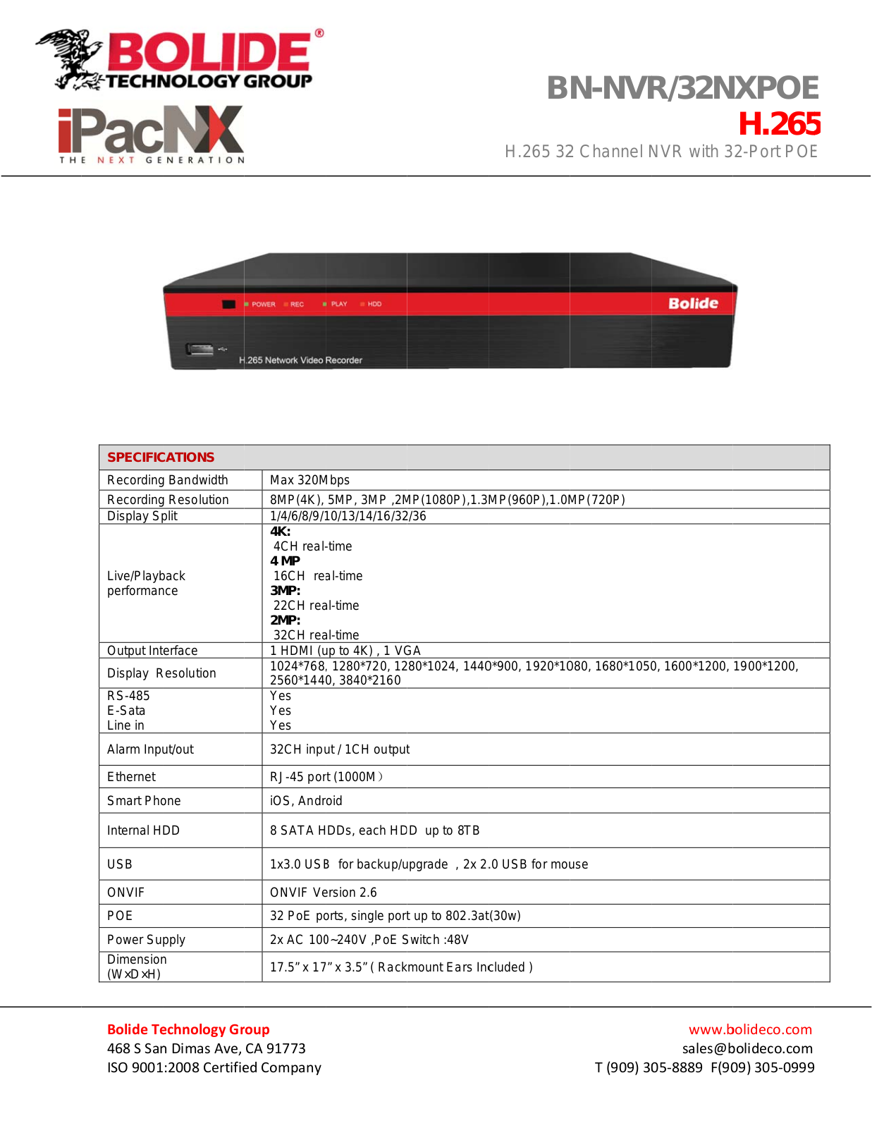 Bolide BN-NVR-32NXPOE Specsheet