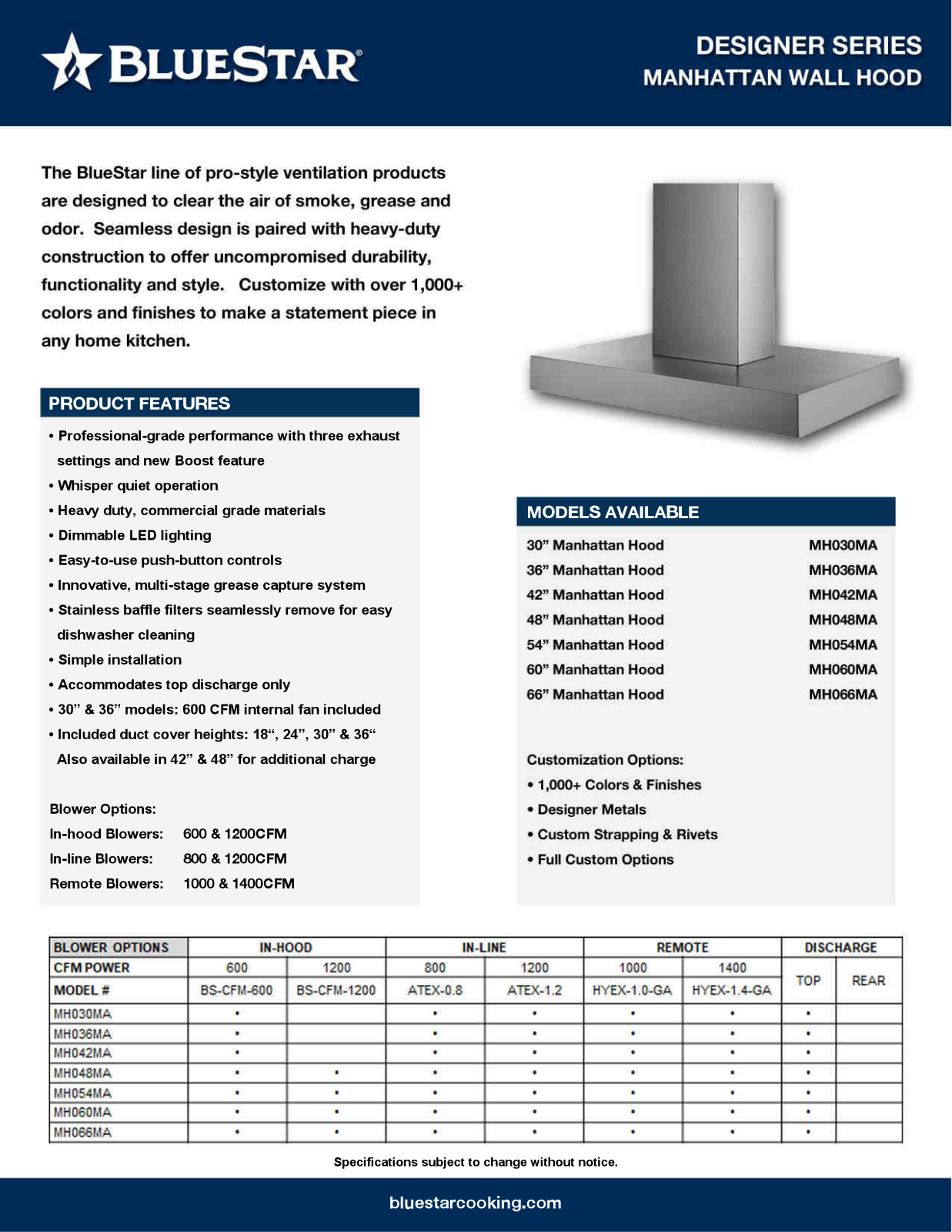 BlueStar MH 030 MA, MH 036 MA, MH 042 MA, MH 048 MA, MH 054 MA Specification Sheet