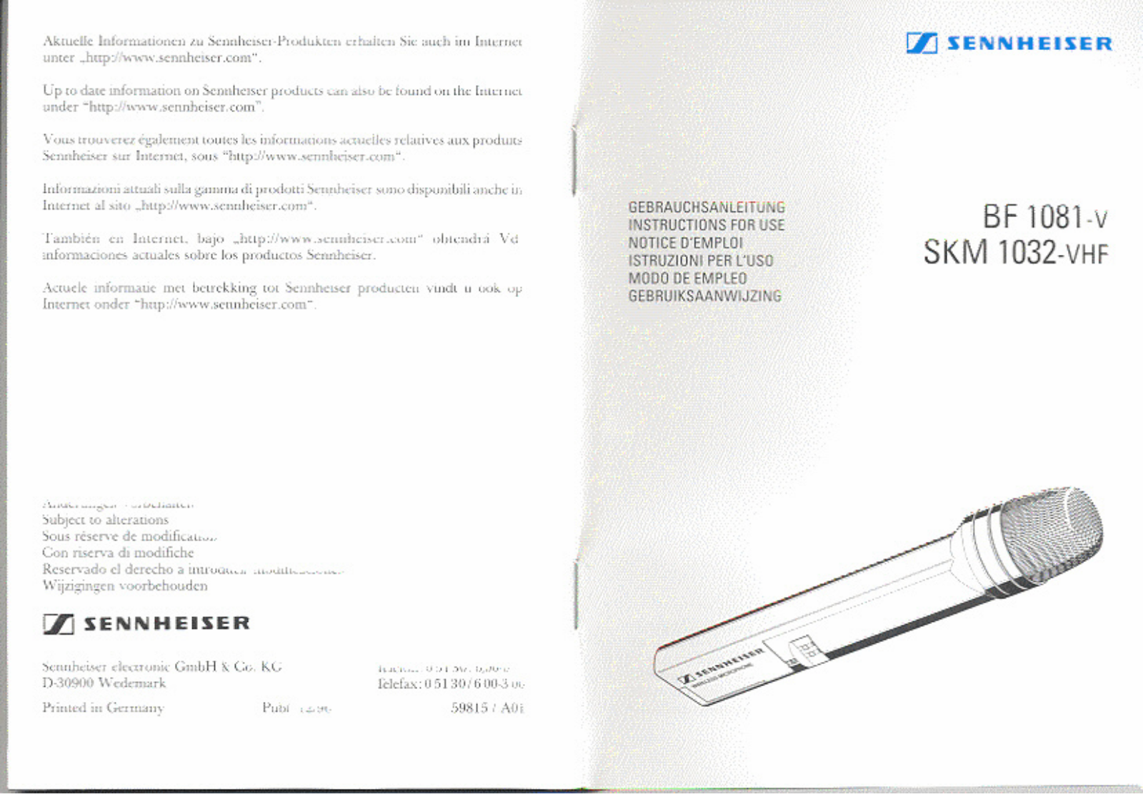 Sennheiser SKM 1032-VHF Instructions For Use Manual