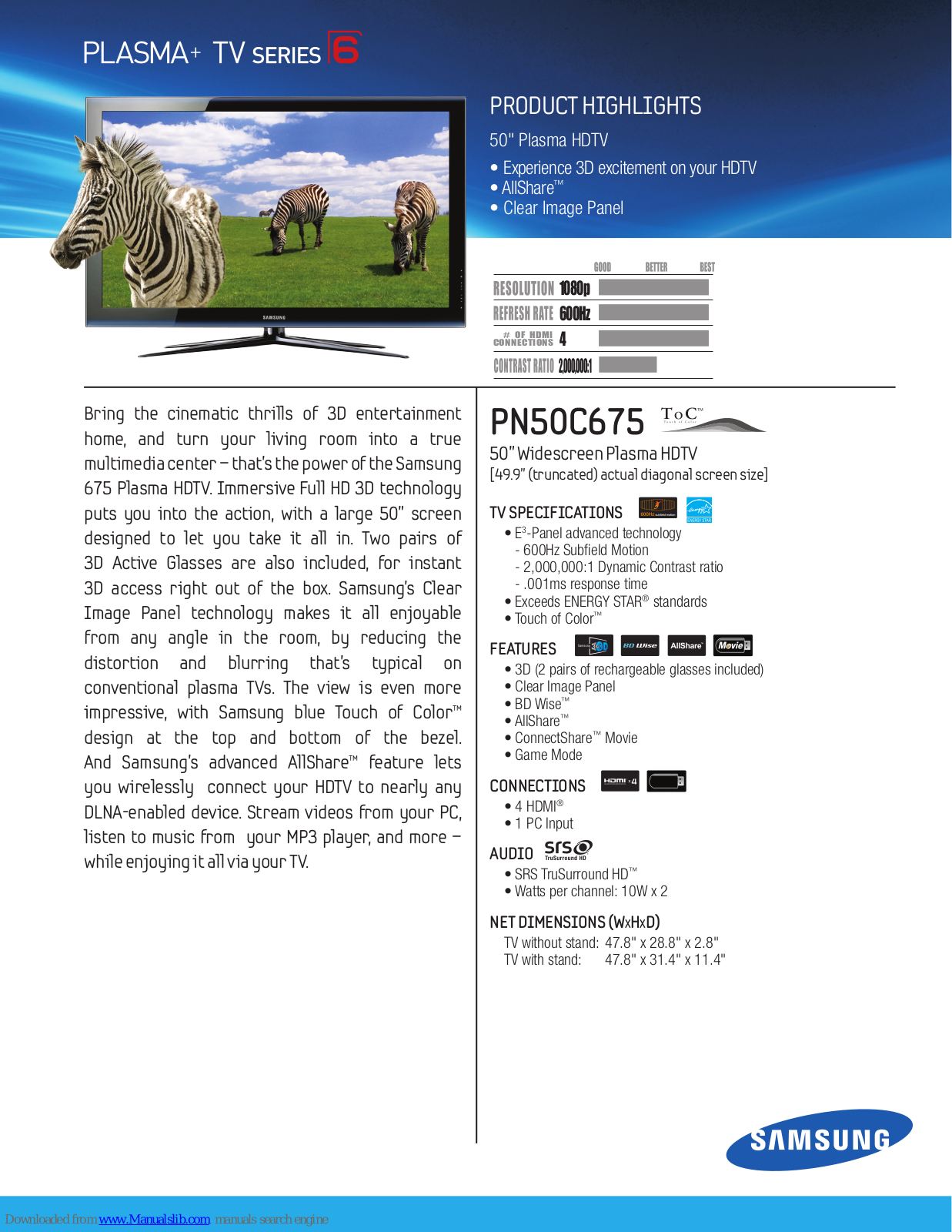 Samsung PN50C675 Specifications