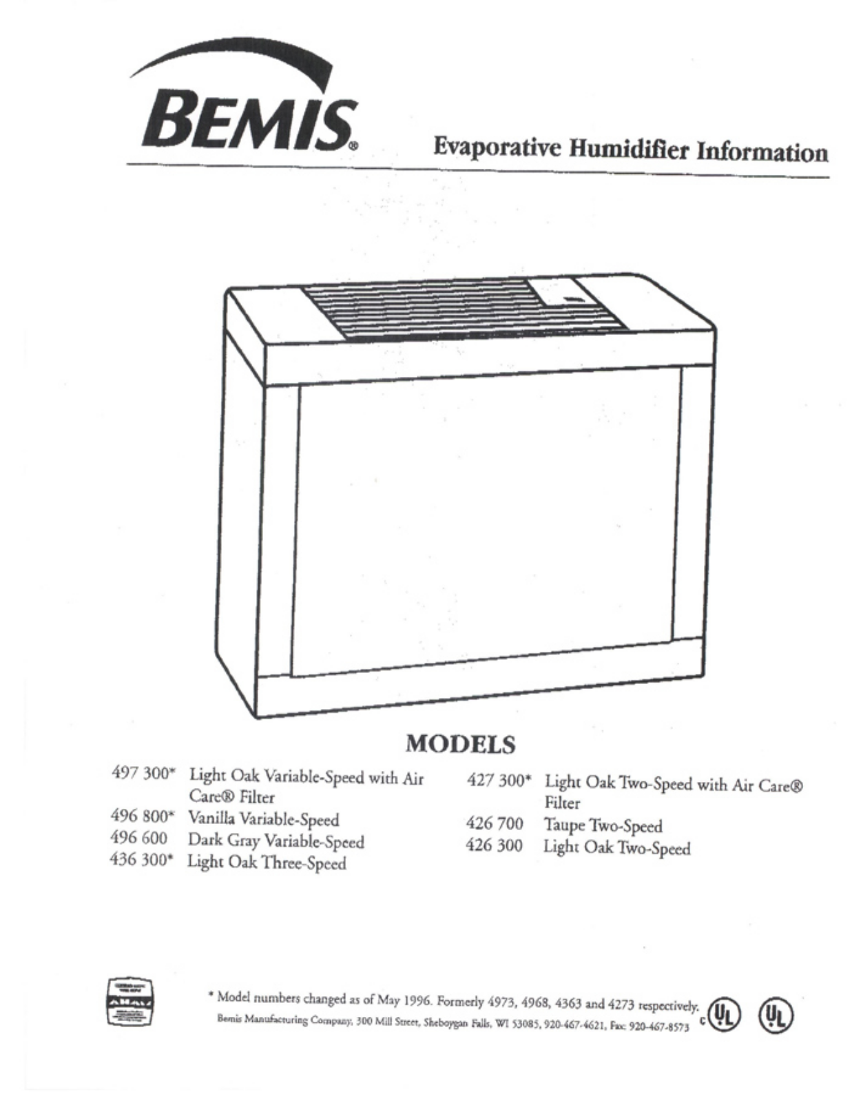 Bemis 426700, 426300, 436300, 427300, 496600 Owner's Manual