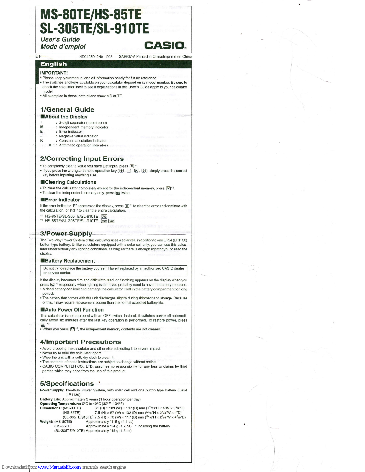 Casio SL-305TE, HS-85TE, SL-910TE User Manual - ManualMachine.com