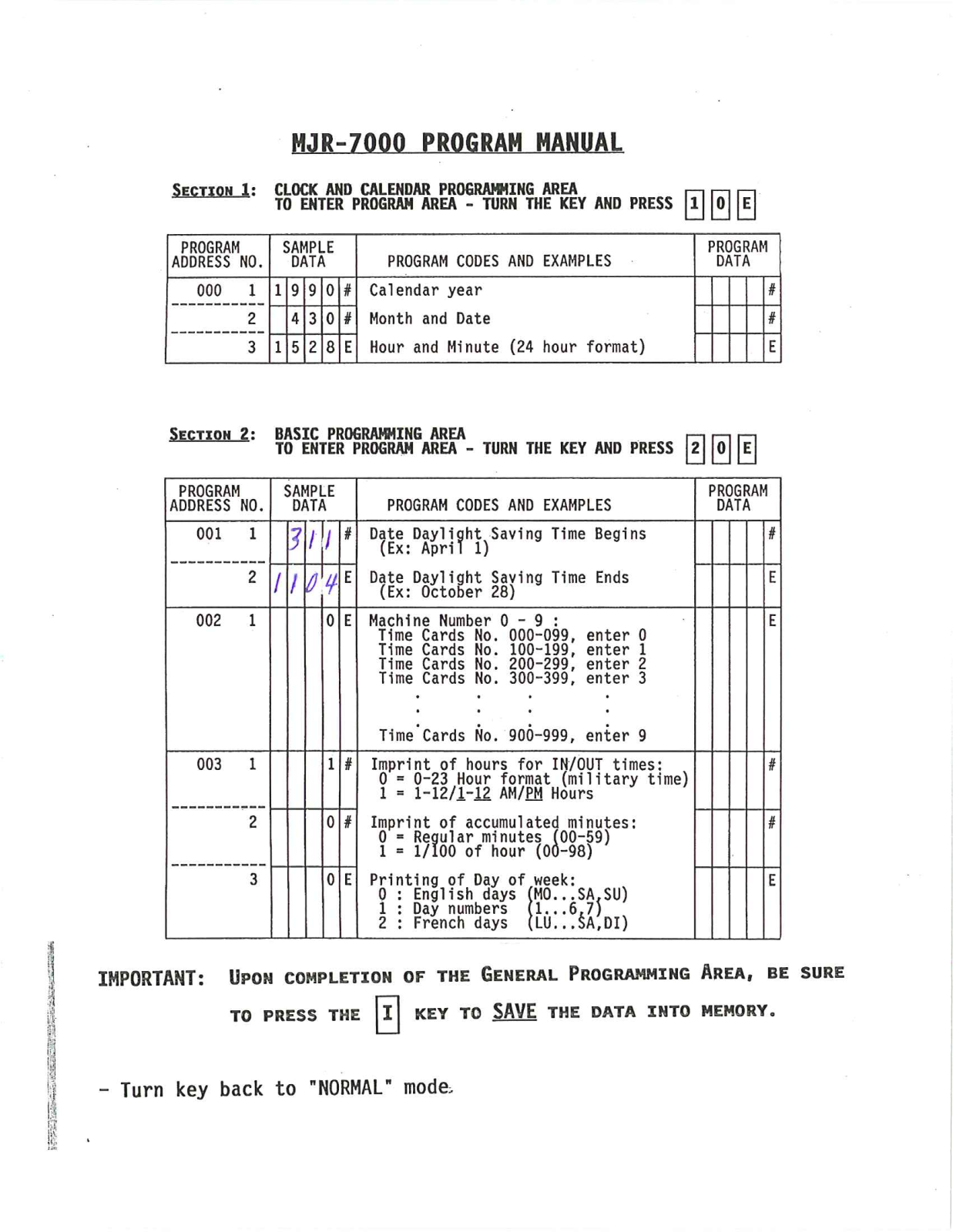 BC Time Recorder Amano MJR 7000 User's Manual