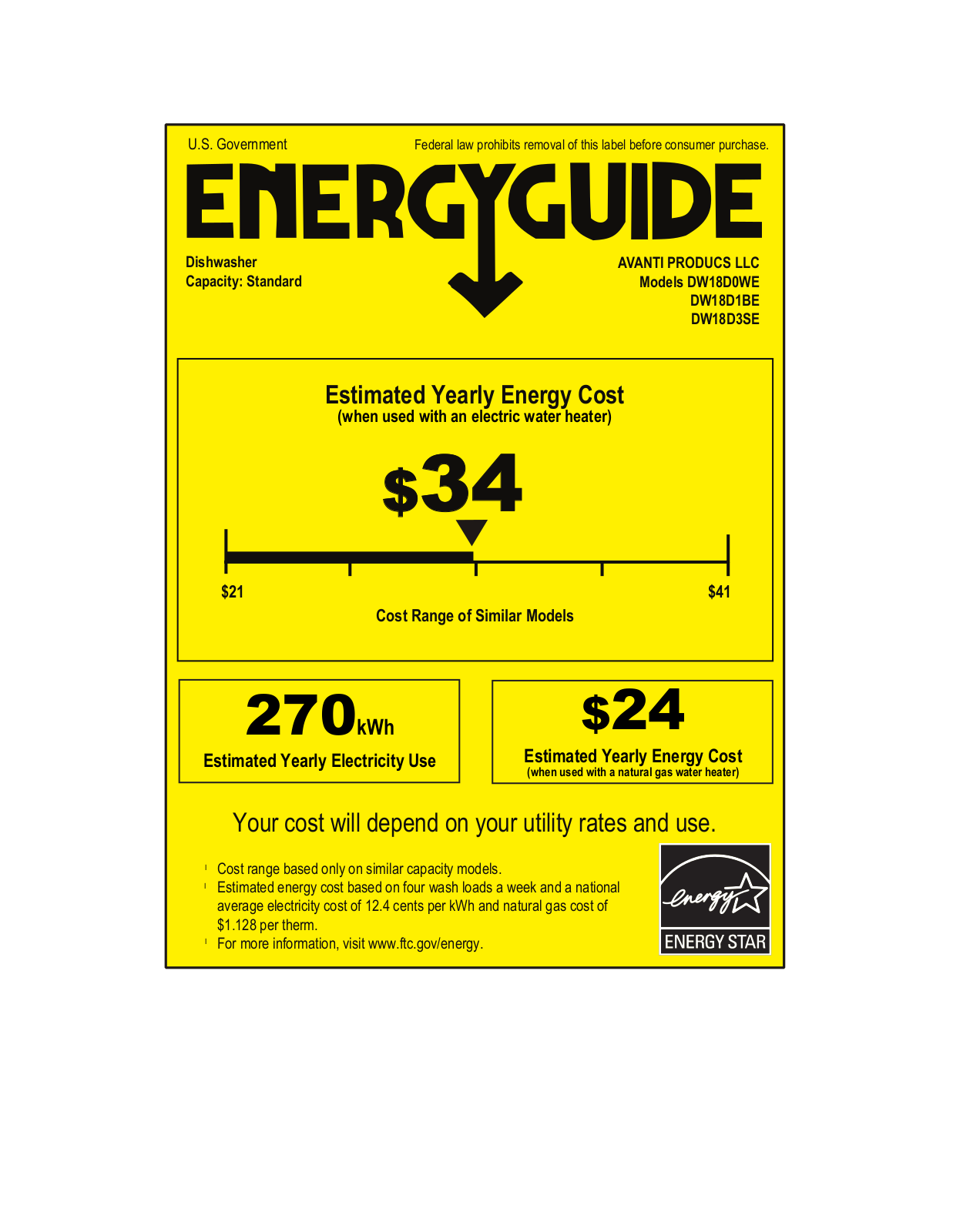 Avanti DW18D3SE Energy Guide