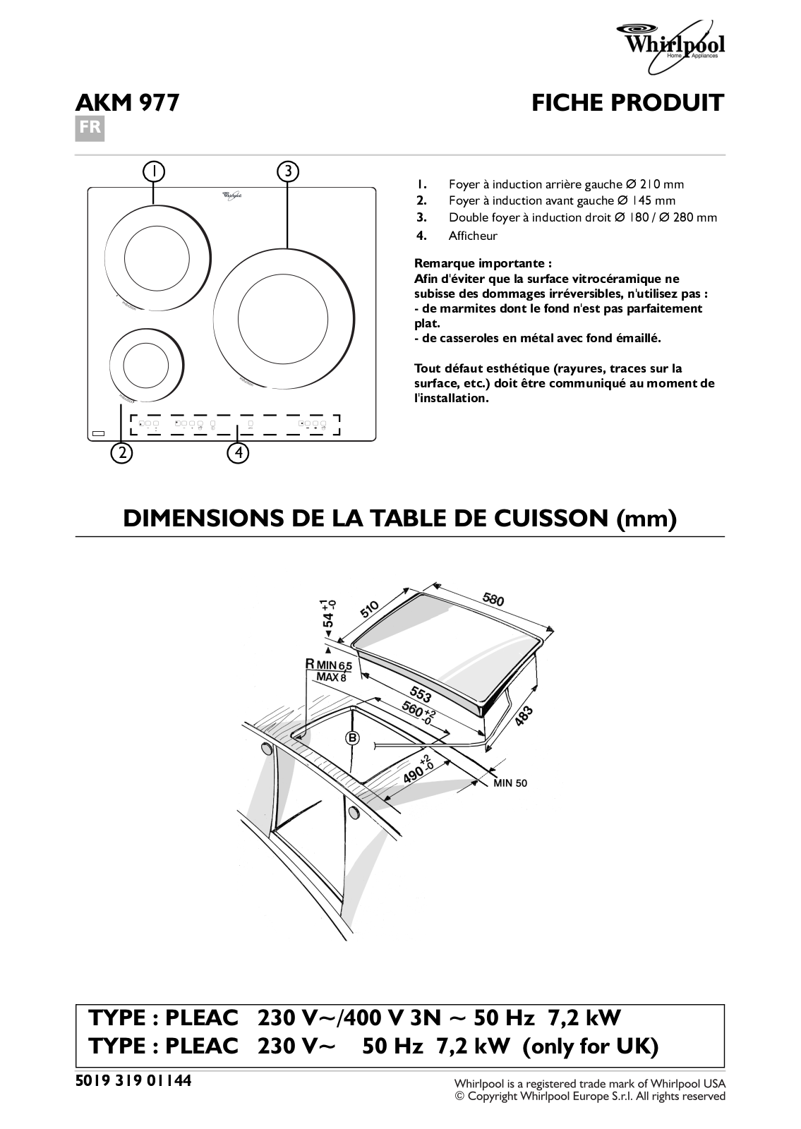 Whirlpool AKM 977 PRODUCT SHEET