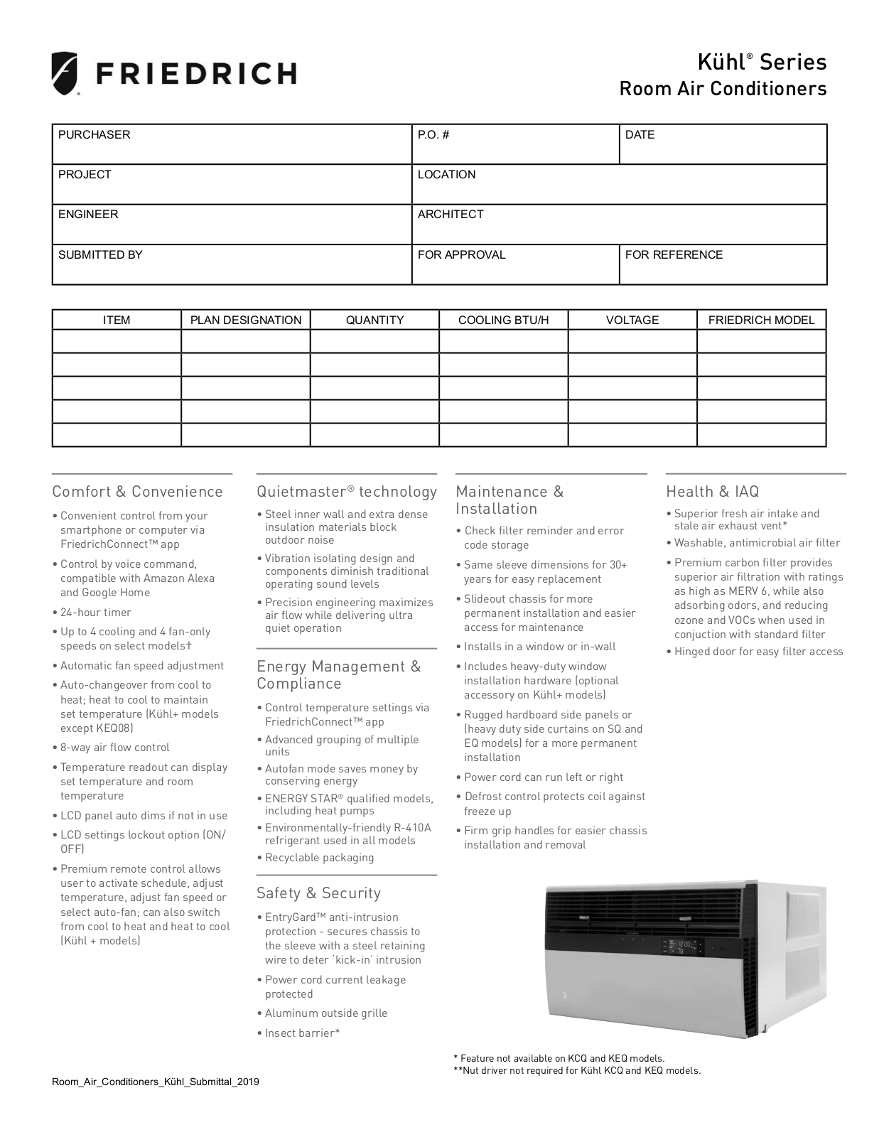 Friedrich KCS08A10A Submittal Sheet