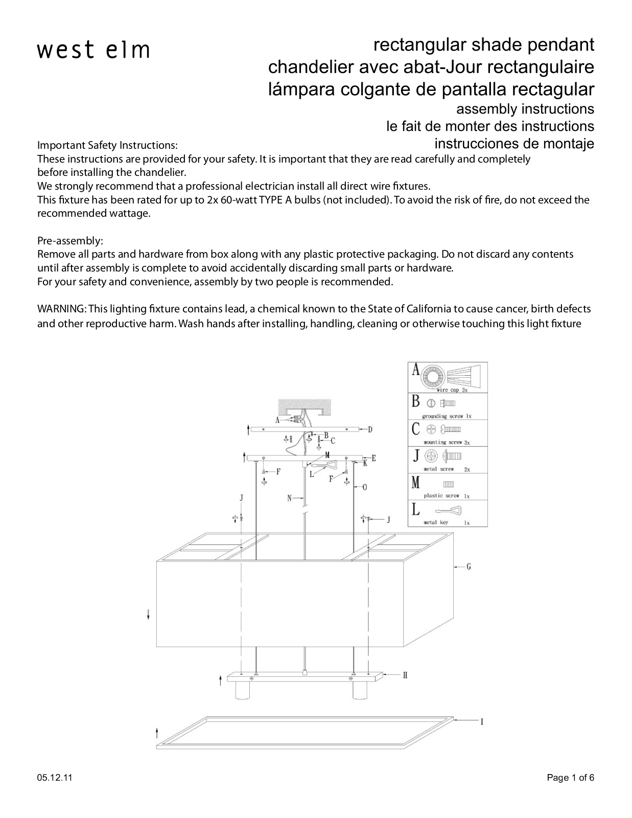 West Elm Rectangle Shade Pendant Assembly Instruction