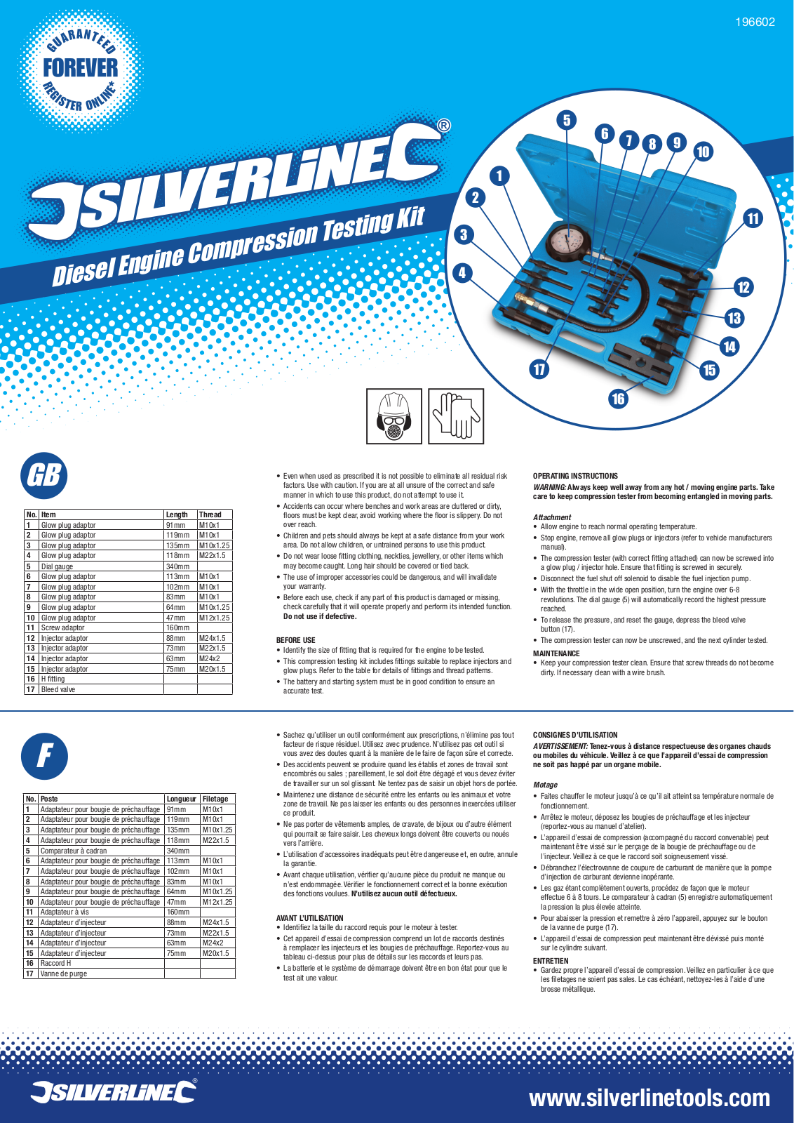 Silverline Diesel Engine Compression Testing Kit 16pce User Manual