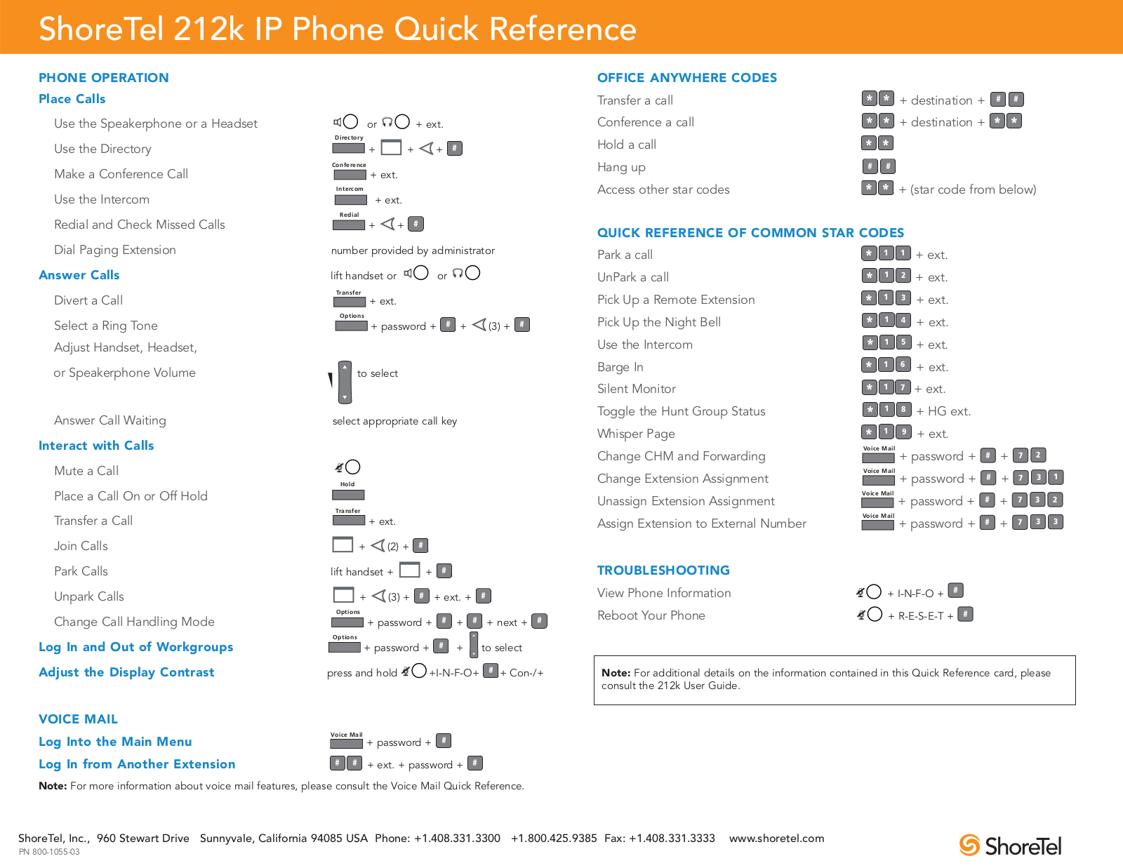 ShoreTel IP 212k Quick Reference