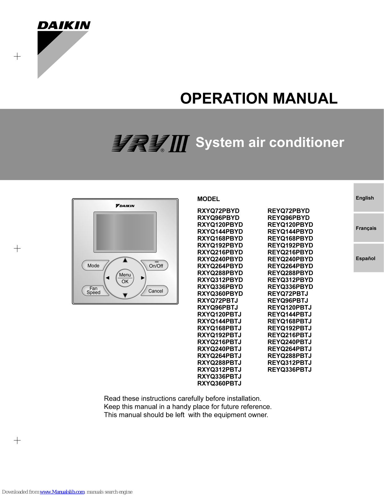 Daikin PXYQ96PBYD, PXYQ120PBYD, PXYQ144PBYD, PXYQ168PBYD, PXYQ192PBYD Operation Manual