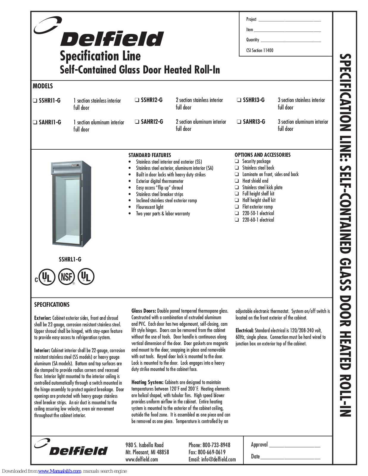 Delfield SAHRI1-G, SAHRI2-G, SAHRI3-G, SSHRI1-G, SSHRI2-G Specifications